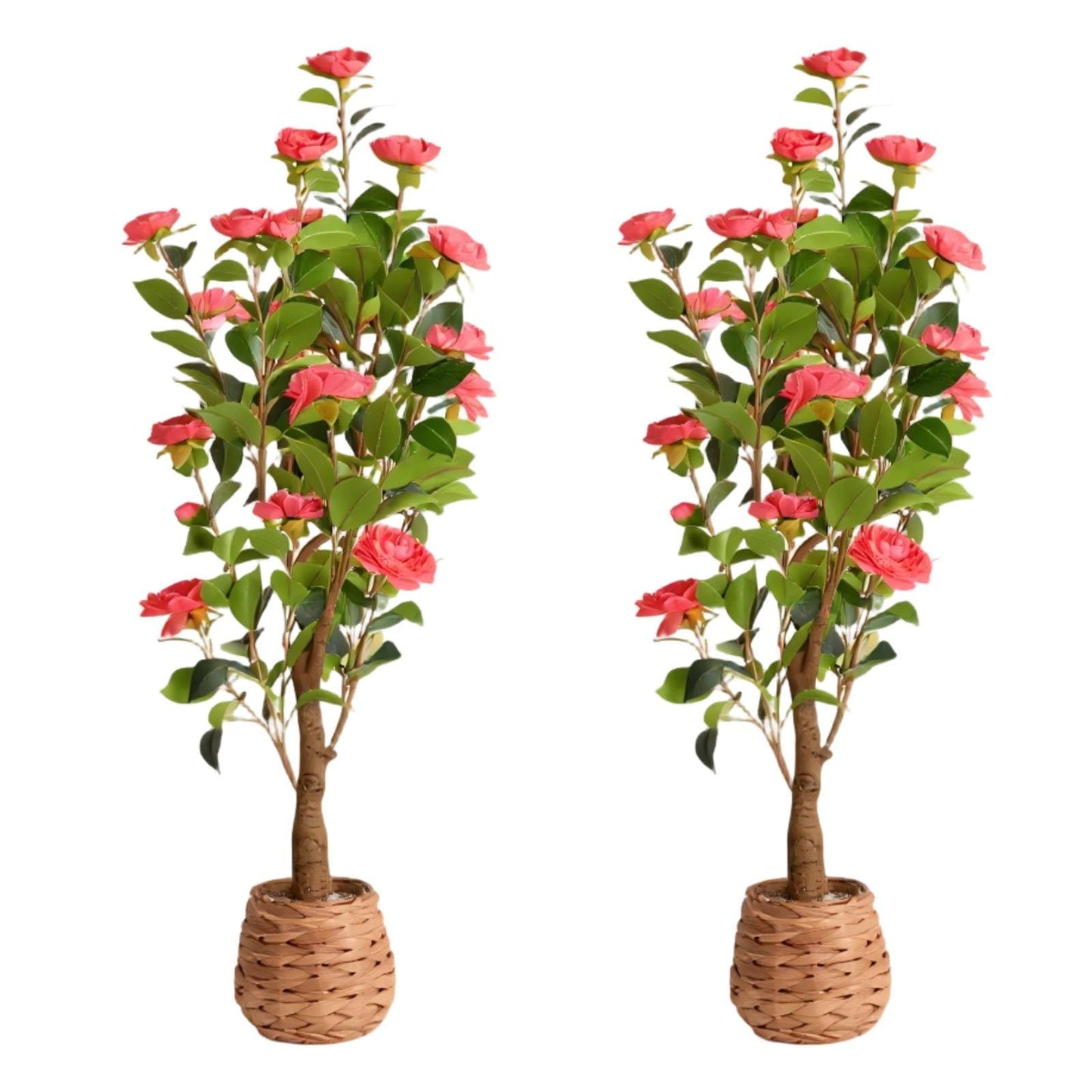 CZWBE 45" H Artificial Camellia Tree 2 Pack - Woven Planter with 28 Flowers,Faux Plant for Office Decor & Indoor Outdoor Home Wedding Decor（red）