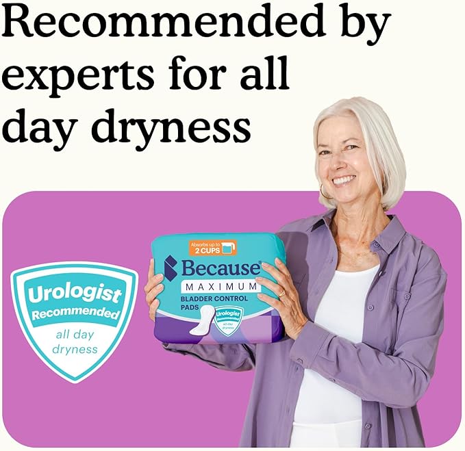 Because Incontinence Pads for Women - Maximum Absorbency, Postpartum Liners, Up to 100% Leak-Free Protection, Discreet Protection for Bladder Leaks, 20 Count