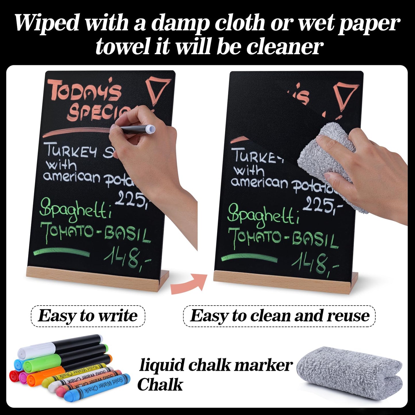 Small Chalkboard Sign, Reusable Double Sided Mini Chalkboard Signs with Wooden Base Stand, 12 x 8 Tabletop Chalkboard for Kids, DIY Home Decoration, Store Poster Display (2 Pack)