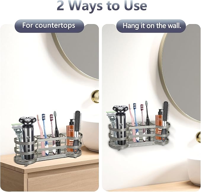 Wall Mount Toothbrush Holder for Shower Stainless Steel Toothbrush Stand, Self-Adhesive Wallmount/Countertop 4 Slots Bathroom Accessories Organizer (Silver 1)