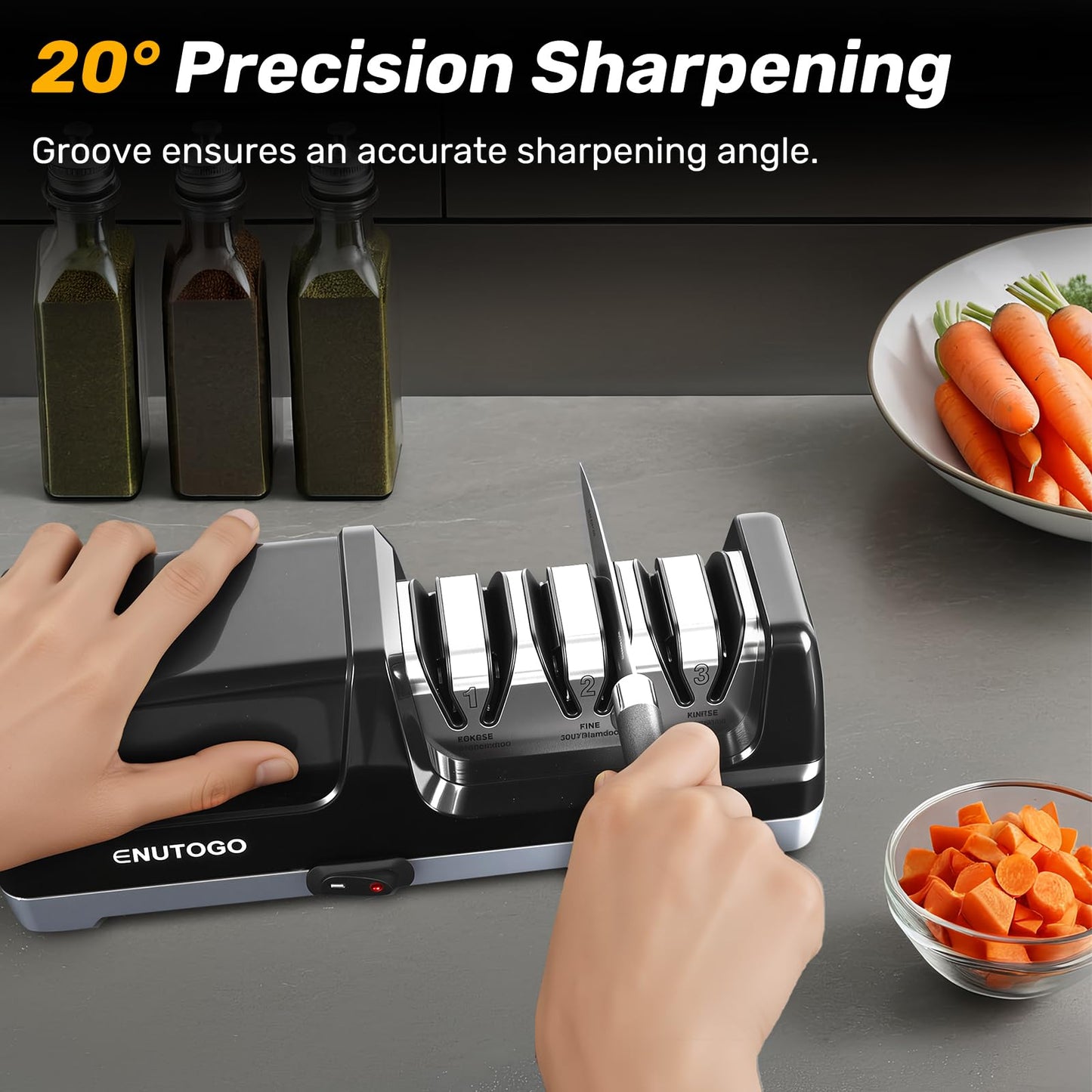 Enutogo Knife Sharpener, 3-Stage Electric Knife Sharpener for Kitchen Knives, 100% Diamond Abrasive with Quick Sharpening & Polishing, Professional Sharpening Tool with Metal Dust Collection Box