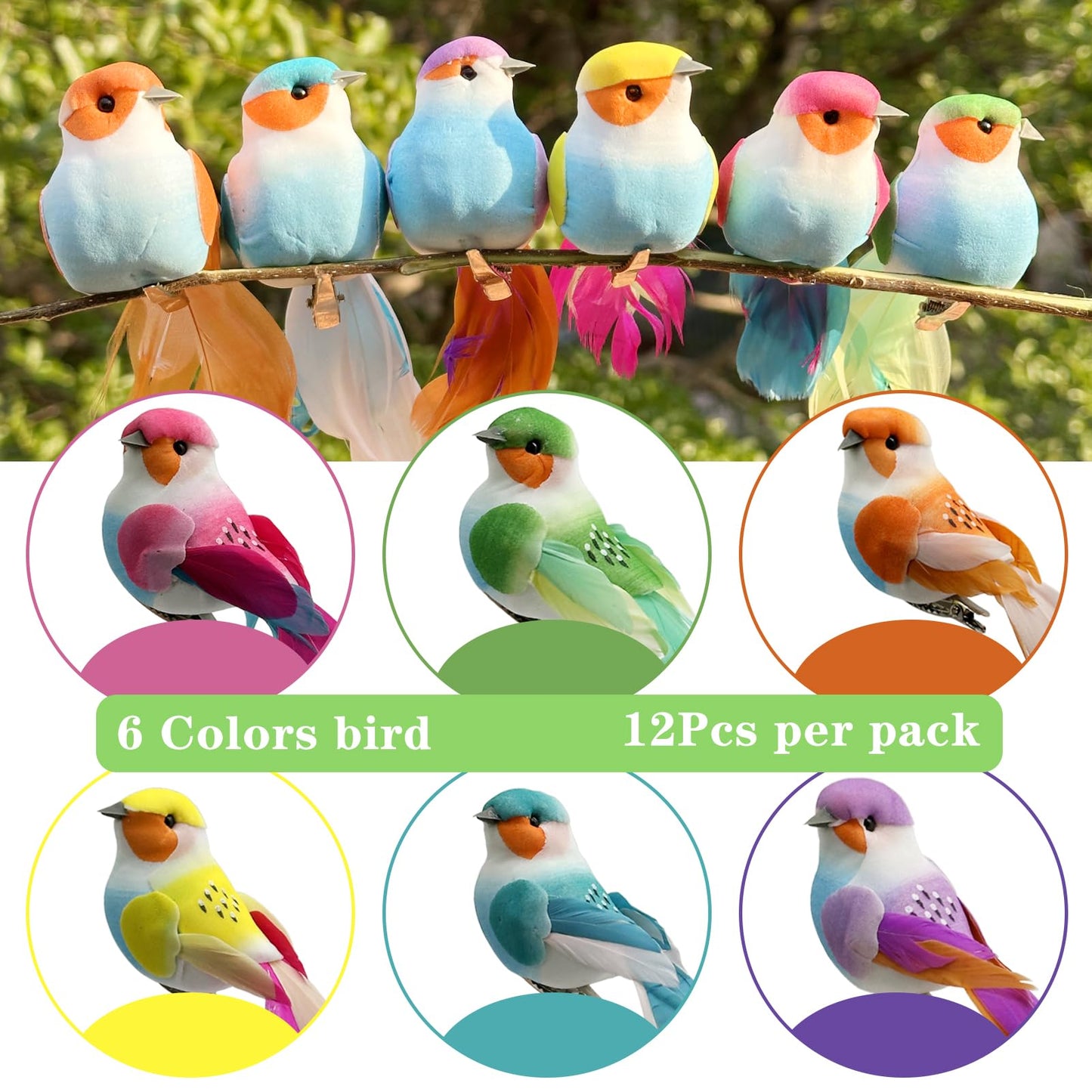 LWINGFLYER Artificial Birds Fluffy Feather Simulation Foam Bird Ornaments for DIY Craft Wedding Decoration Home Garden Party (Style B 12pcs Clip)
