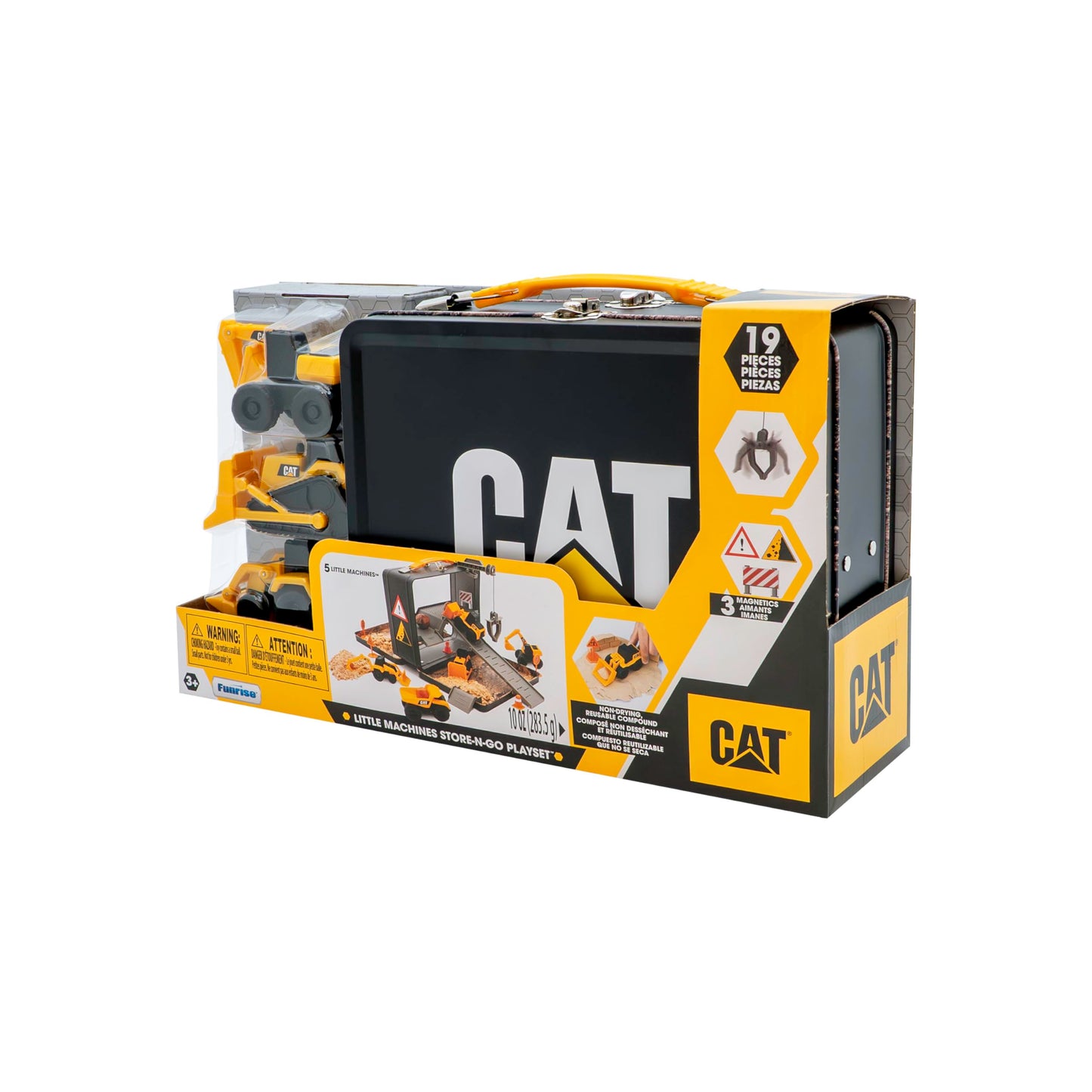 CAT Construction Toys, Store N Go Playset - Tin Travel Case Transforms into Multi-Level Worksite, Includes 2 Little Machines Vehicles & 10 + Accessories, Portable STEM Toy for Kids Ages 3 +