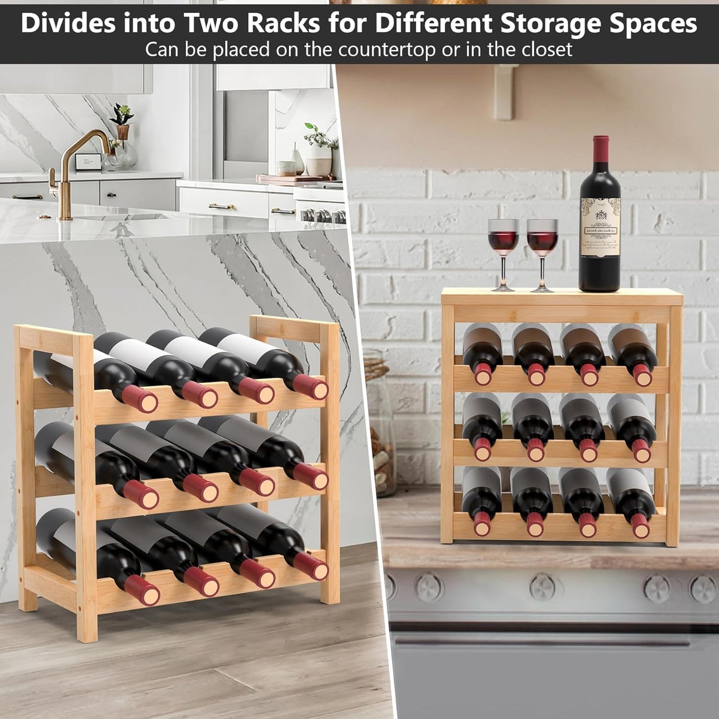 FoverOne 24-Bottle Bamboo Wine Rack Freestanding Floor, 6 Tier Wine Display Rack with Table Top, Wine Storage Shelf for Kitchen Dining Room Bar