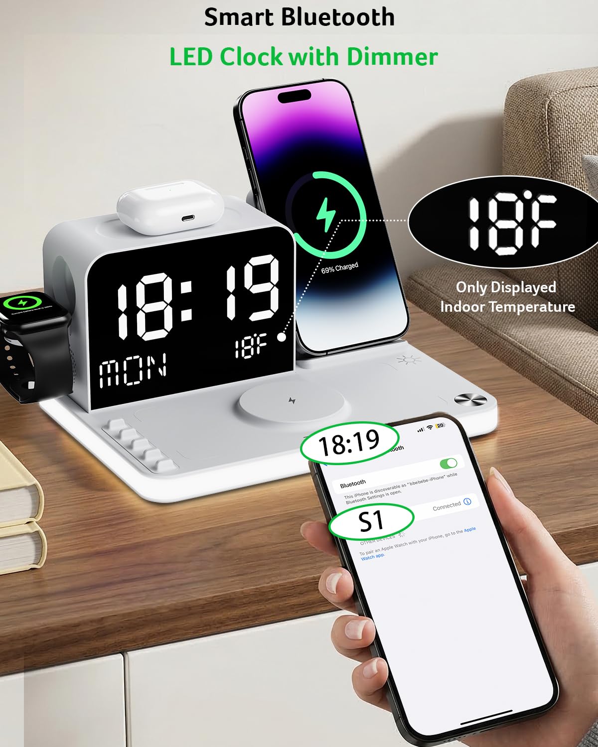 Acer 7-in-1 Wireless Charging Station with LED Clock - 30W Fast Wireless Charger for iPhone 16/15/14/13/12/Pro Max, Apple Watch, AirPods - Bluetooth Auto Time Sync & Night Lights (White)