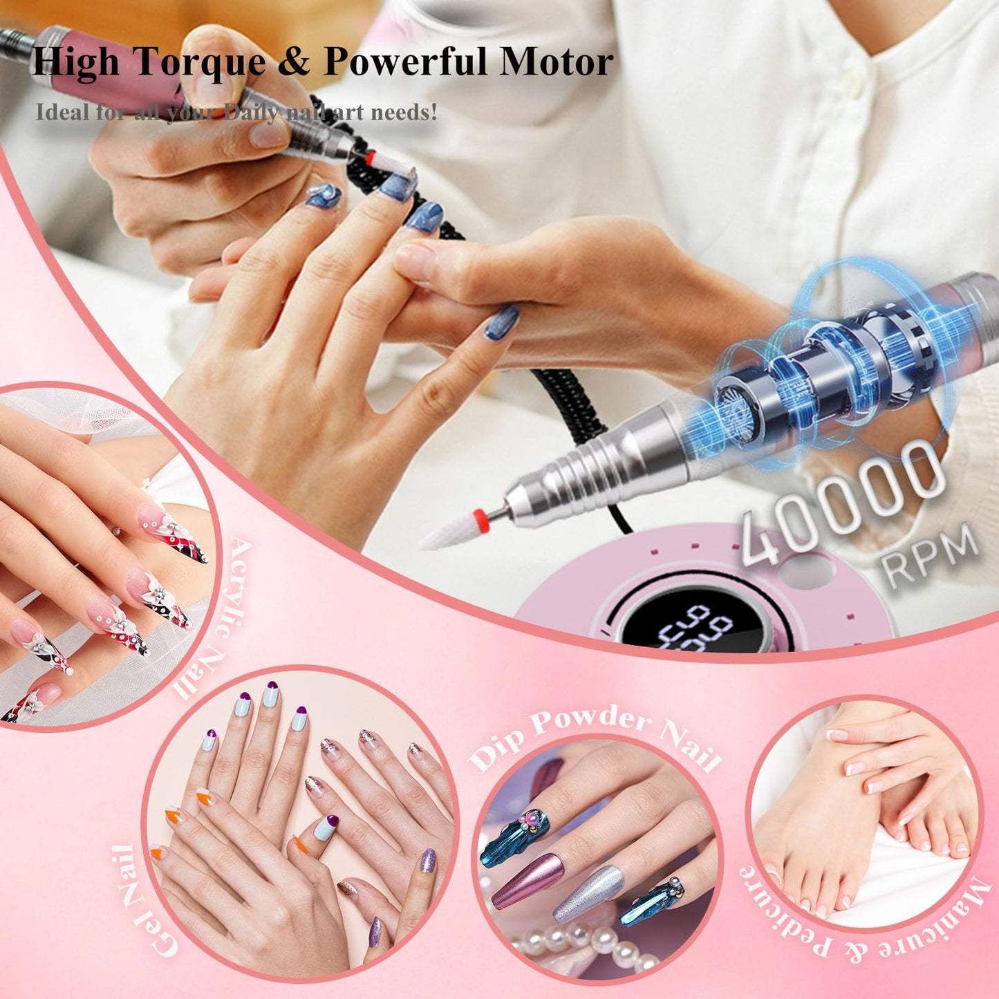 Qinvone Electric Nail Drill File: Professional 40000RPM Nail E-File Drill, Rechargeable Cordless Nail Drill with Bits & Base for Acrylic Nails Remove Nail Gel Polish Manicure for Home Salon Use (Pink)