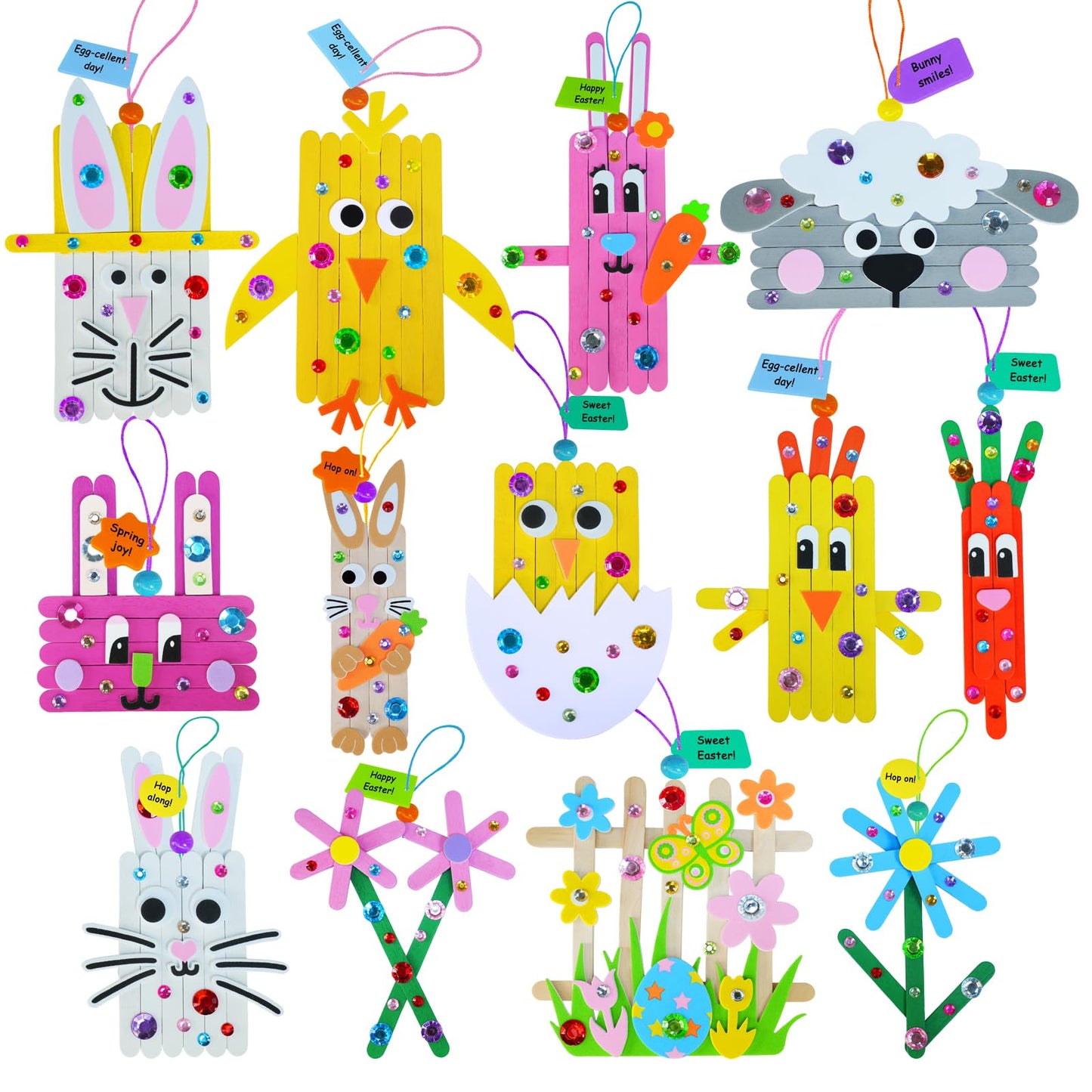 Winlyn 26 Sets Easter Craft Kits Spring Crafts DIY Craft Stick Easter Ornaments Decorations Art Sets Bunny Chick Lamb Flower Foam Stickers Arts and Crafts for Kids Classroom Activities Party Favors