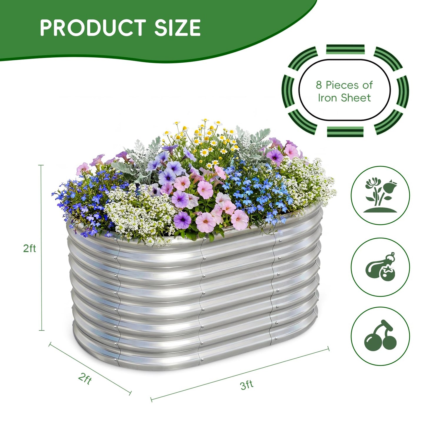 AHEONLAR 3Pack 3x2x2ft Galvanized Raised Garden Beds Outdoor, Oval Raised Beds for Gardening Metal Planter Boxes for Planting Vegetables, Fruit, Herb, Silver