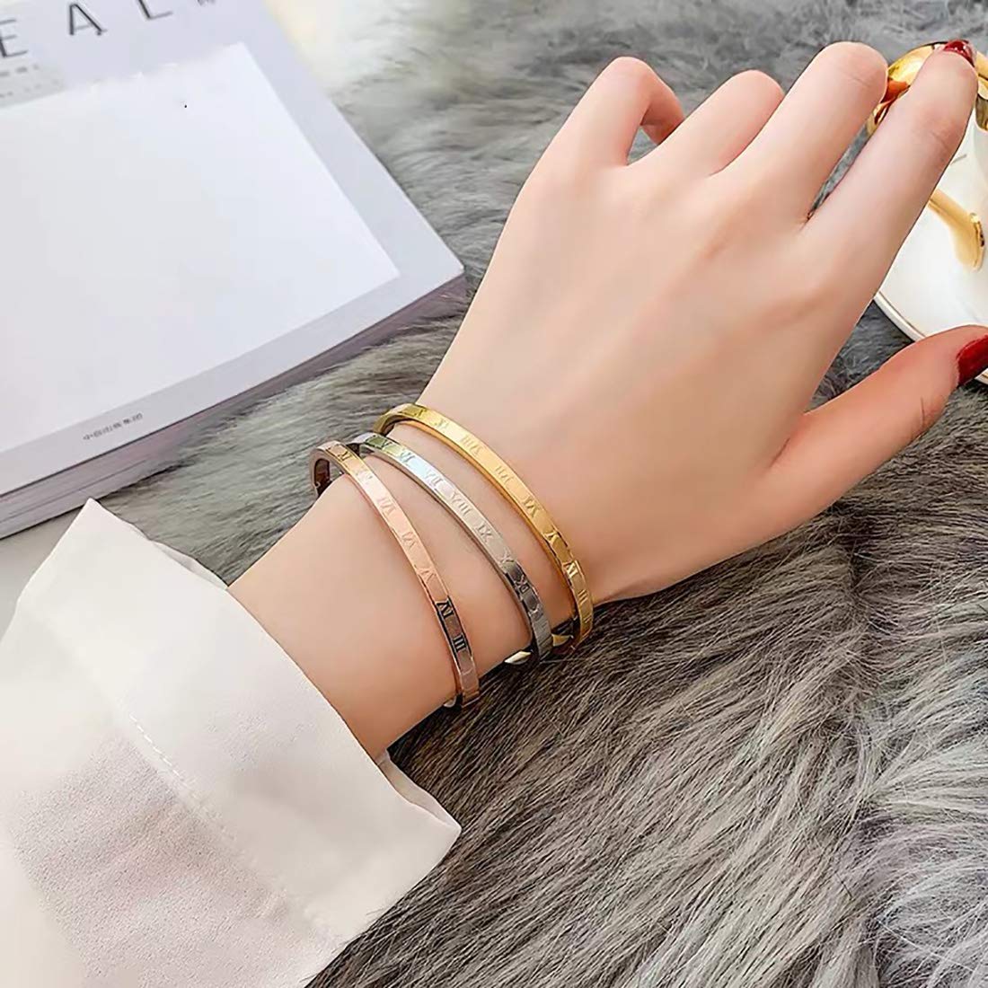 Jarlinwel Gold Silver Plated Bracelets for Men Women Roman Numeral Bangle Bracelet Stainless Steel Personalized Engraved Unisex Gift (Gold 4mm Womens)