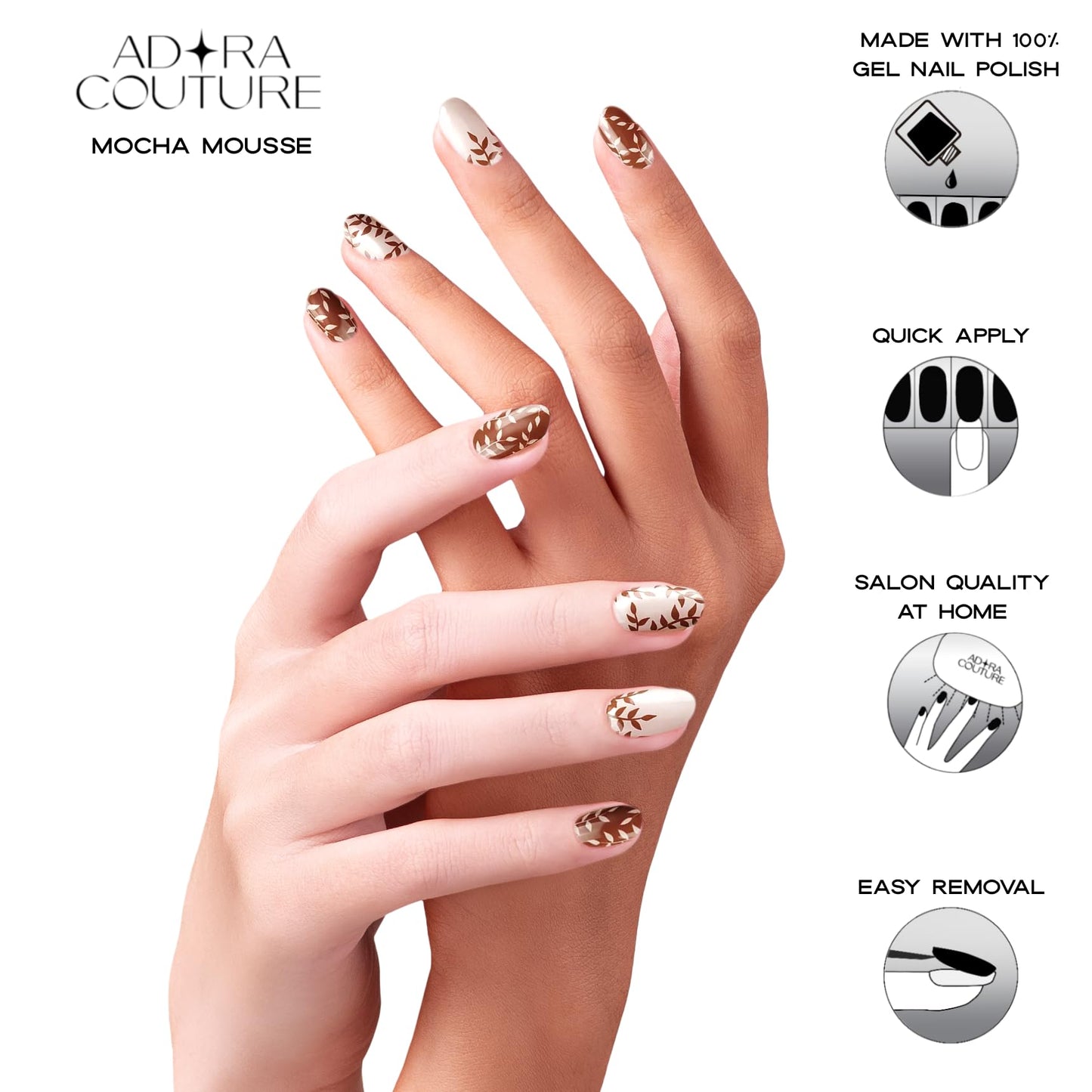 Adora Couture Semi Cured Gel Nail Strips with 30 Pieces - Salon Quality Manicure Kit for Women Easy Application Wraps Includes Prep Pads Nail File Wooden Stick, UV Light Required (Brown Mocha)