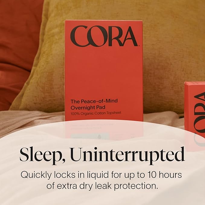 Cora 100% Organic Cotton Topsheet | Ultra Thin Period Pads with Wings | Overnight Absorbency | Ultra-Absorbent Sanitary Pads for Women (72 Count)
