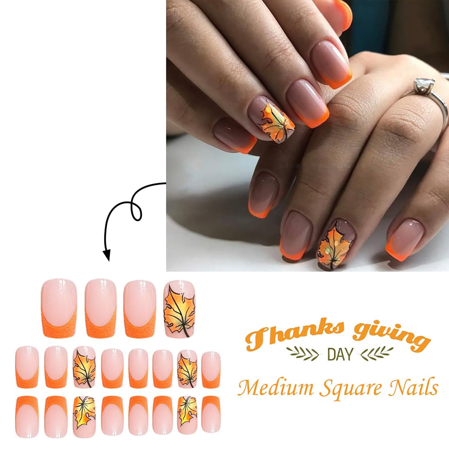 EYZOTSF Thanksgiving Press on Short Square Nails Acrylic Fall False Nails with Maple Leaf Designs Artificial Autumn Leaves Square Fake Nails Holiday Glue Stick ons Fingernails for Women(JB912)