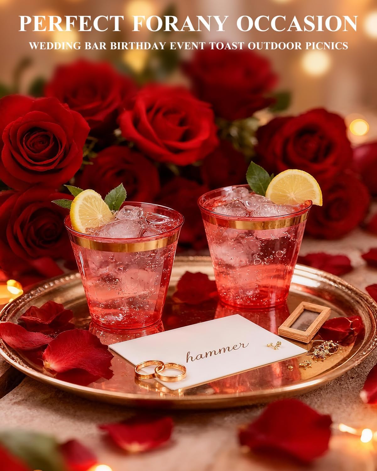 Goodluck 50PCS 9oz Red and Gold Plastic Cups for Party, Disposable Gold Rim Cups, Plastic Cocktail Glasses for Wedding Thanksgiving, Christmas, and Parties