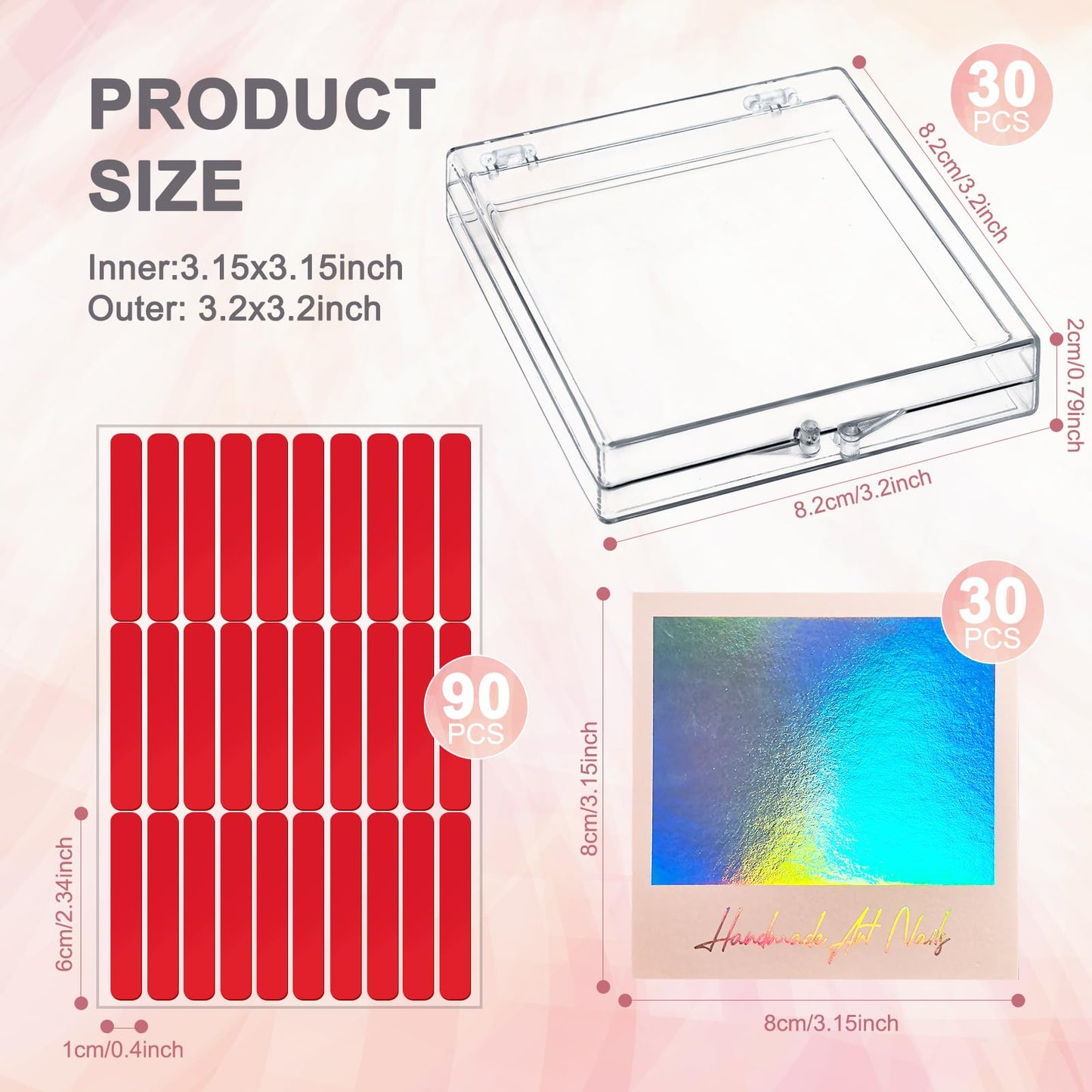CloudTrip 30Boxes + 30 Instruction Cards Large (8 x 8cm) Press On Nail Packaging Storage Box and 90pcs Adhesive Tabs - Acrylic Organizer Case for Artificial Nail for Nail Business Supplies