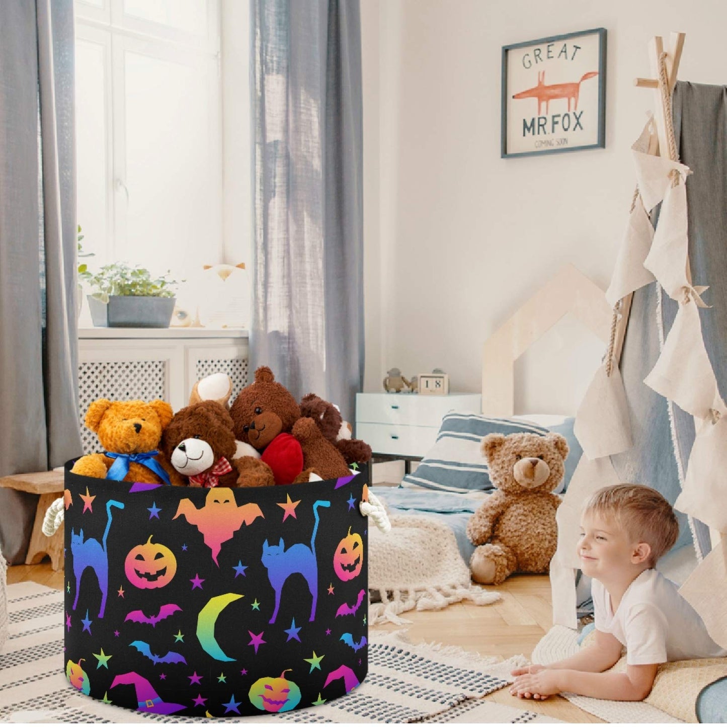 visesunny Halloween Pumpkin Cat Bat Ghost Witch Hat Collapsible Large Capacity Basket Storage Bin with Durable Cotton Handles, Home Organizer Solution for Office, Bedroom, Closet, Toys, Laundry