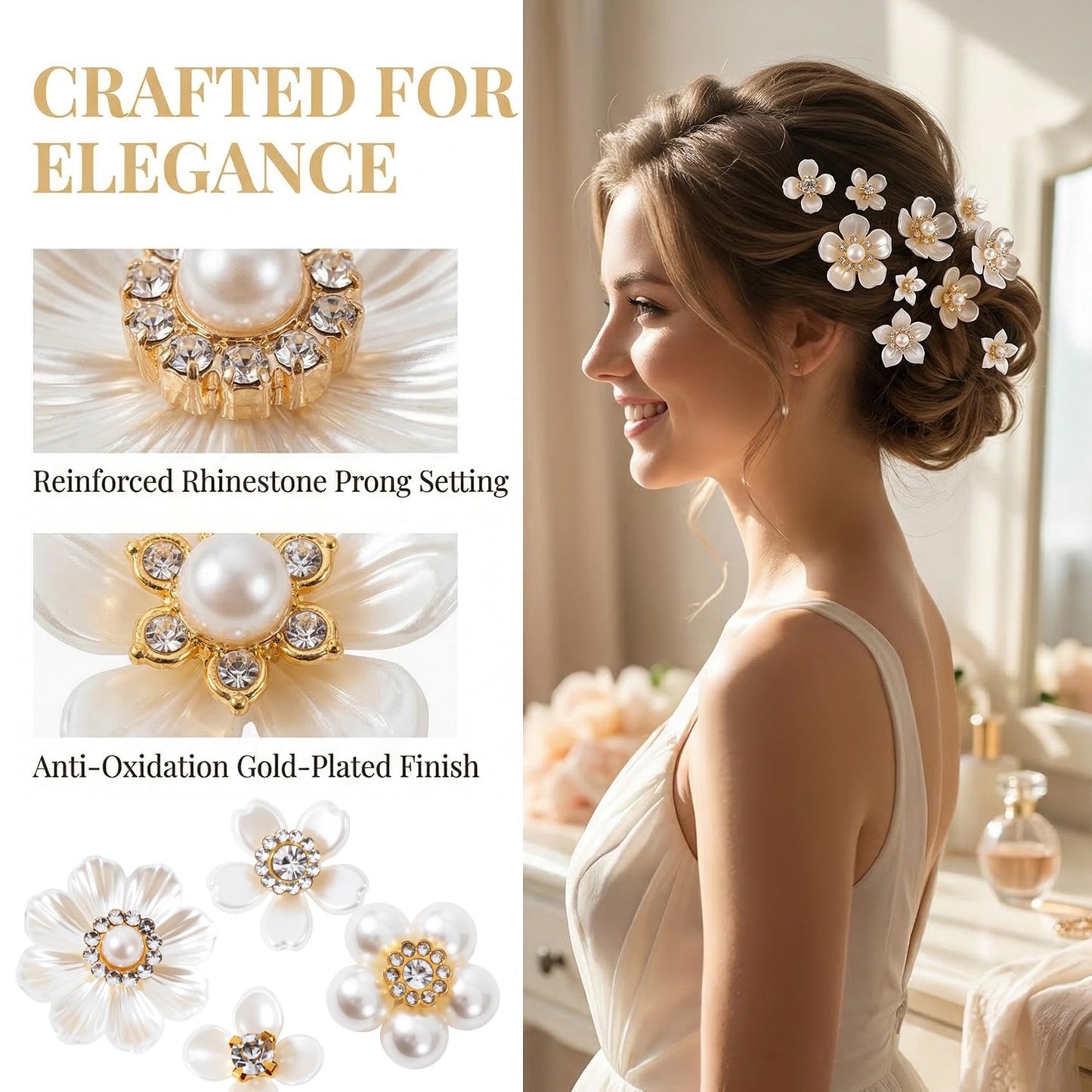 Hzopcw 28pcs Flower Pearl Rhinestone Buttons, Sparkly Rhinestone Sequins Buttons, Faux Pearl Embellishments Accessories for Wedding Party- White