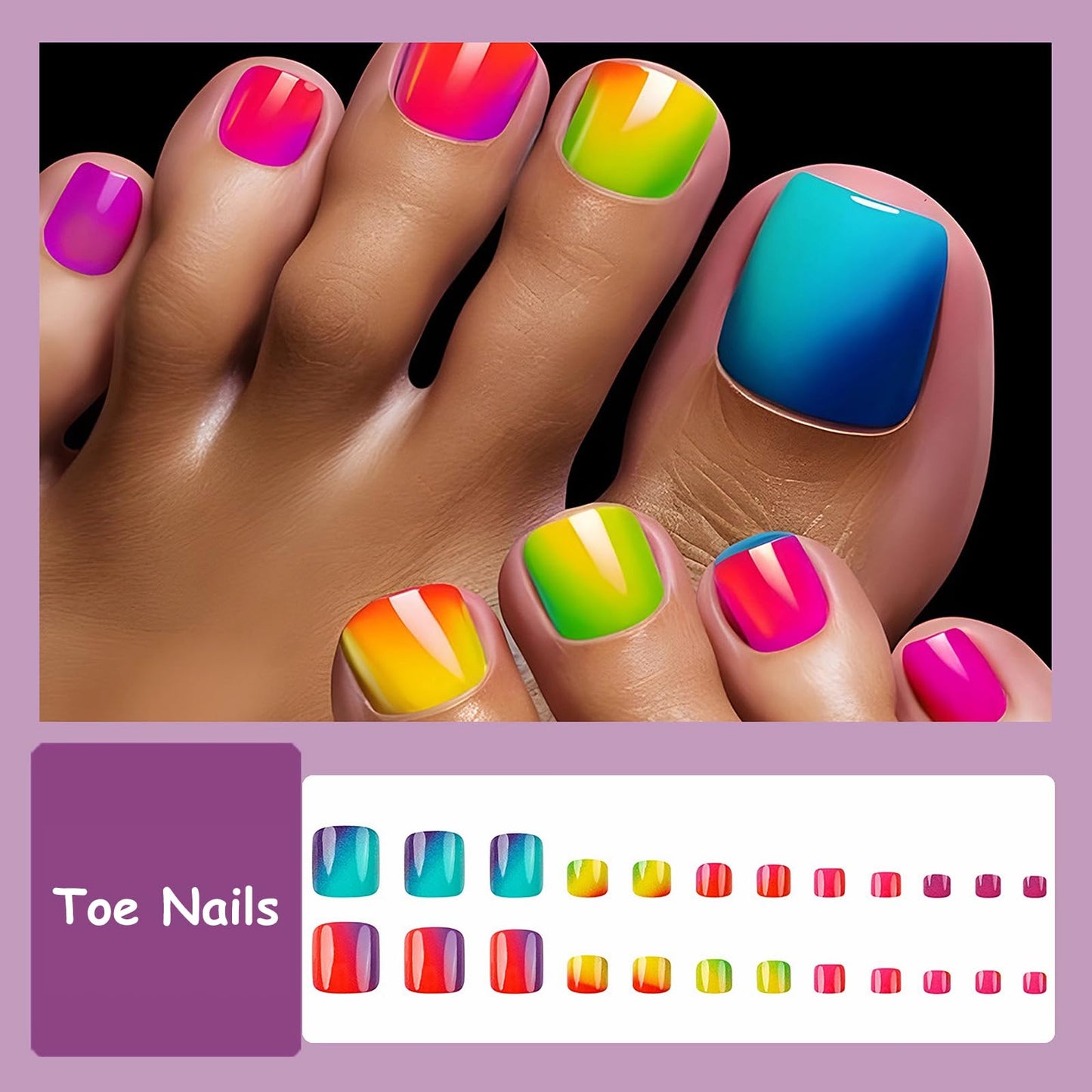 MISUD Press on Toenails - Fake Toe Nails with Colorful, Acrylic Toenail Rainbow Ombre Design 24 pcs
