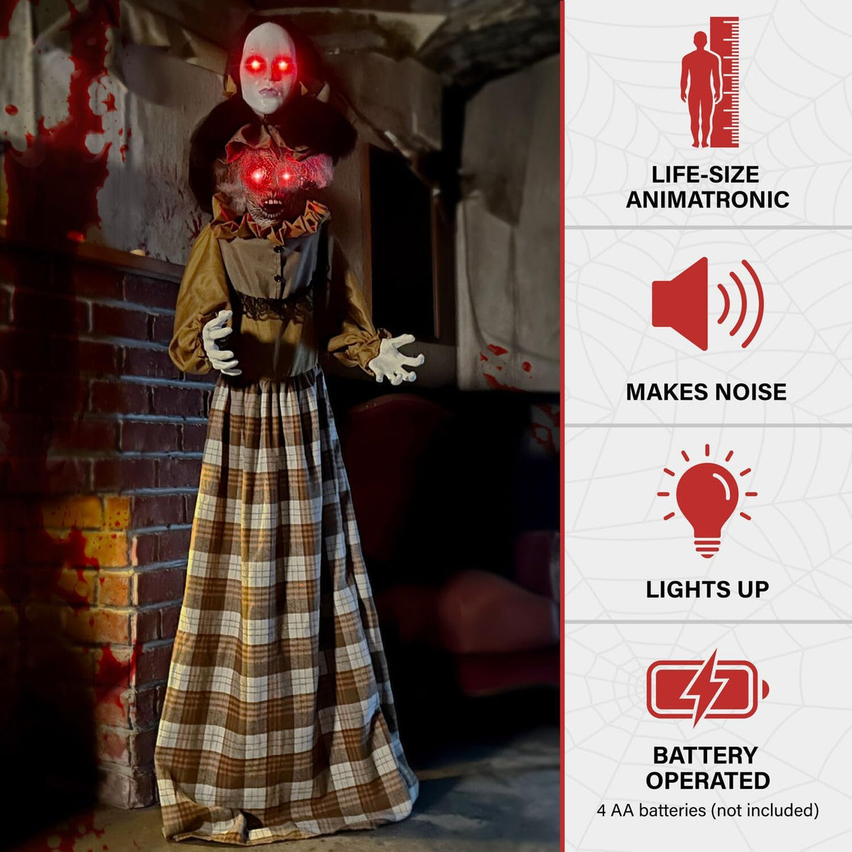 Haunted Hill Farm Lifesize Animatronic Scary Haunted Woman with Touch Activated Lights and Sound, Battery-Operated Indoor or Covered Outdoor Halloween Decoration