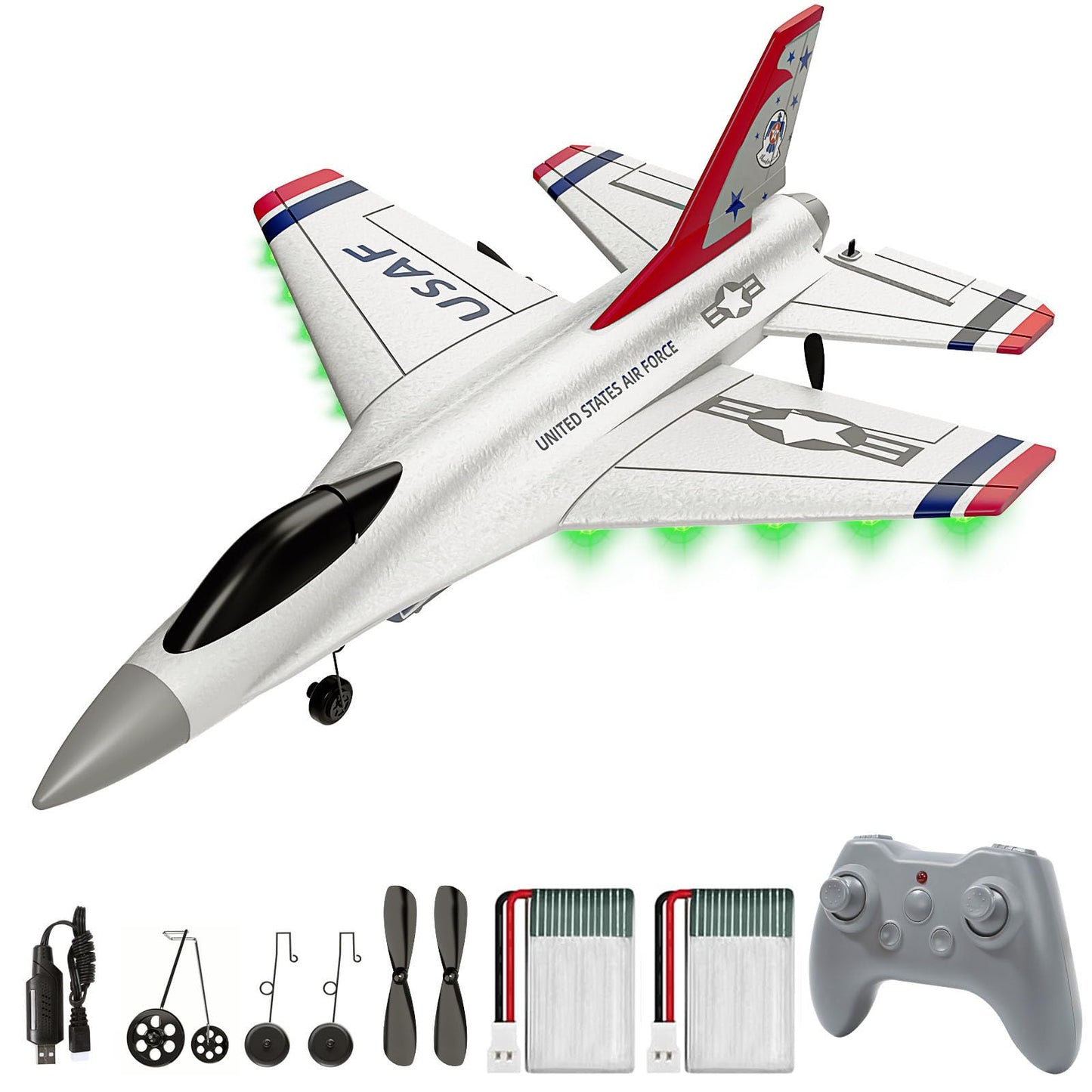 DEERC F16 Thunderbirds RC Plane,3CH Remote Control Airplane Fighter Toys,2.4GHz 6-axis Gyro Stabilizer RTF Glider Aircraft Plane with 2 Batteries,Easy to Fly for Beginners Kids Adults