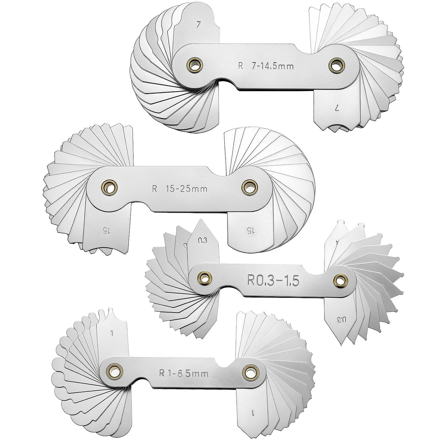 QWORK 4 Pack Radius Gauge Set, Precision Stainless Steel Measurement Tool for Convex & Concave Surfaces, R0.3-1.5mm/ R1-6.5mm/ R7-14.5mm/ R15-25mm