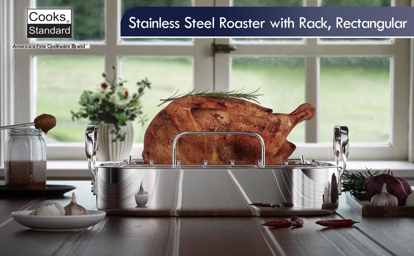 Cooks Standard Stainless Steel Roaster Pan with V-Shaped Rack, Inner 16-Inch x 13-Inch; Edge 17-Inch x 14-Inch; Turkey Roasting Pan Bakeware for Oven, Rectangular