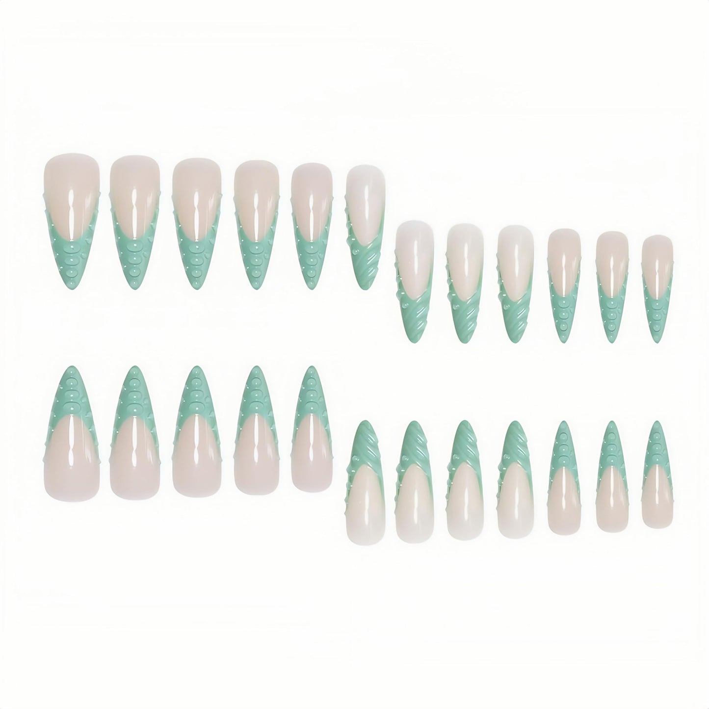 Stiletto Press on Nails Long Fake Nails Green Extra Long Glossy Acrylic Nail Press on French Tip Artificial with 3D Water Droplets Designs Stick on Nail for Women 24pcs