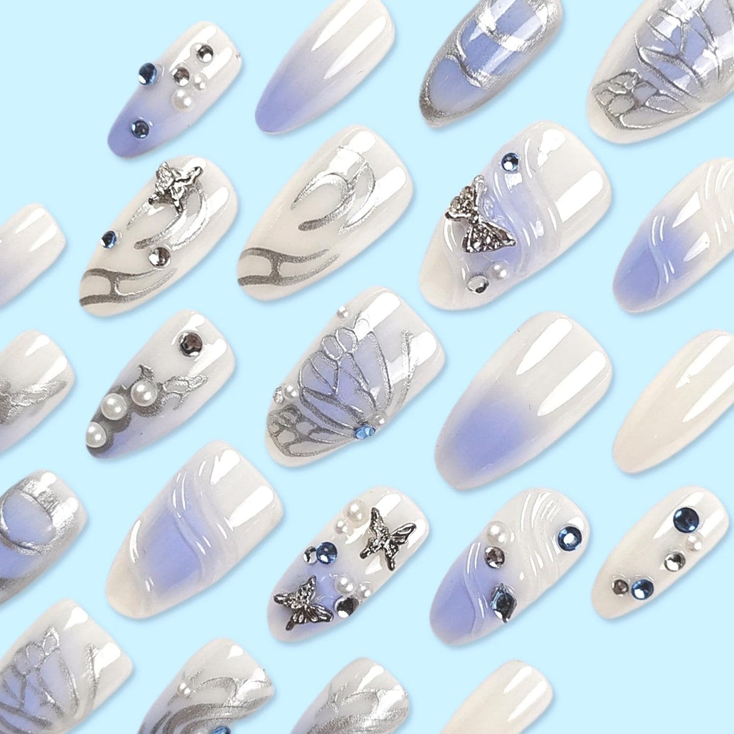 24Pcs French Tip Press on Nails Medium Almond Fake Nail with 3D Ripple Silver Irregular Stripe Pearl Design Cute Butterfly False Nail Light Color Full Cover Artificial Handmade Stick on Nail for Women