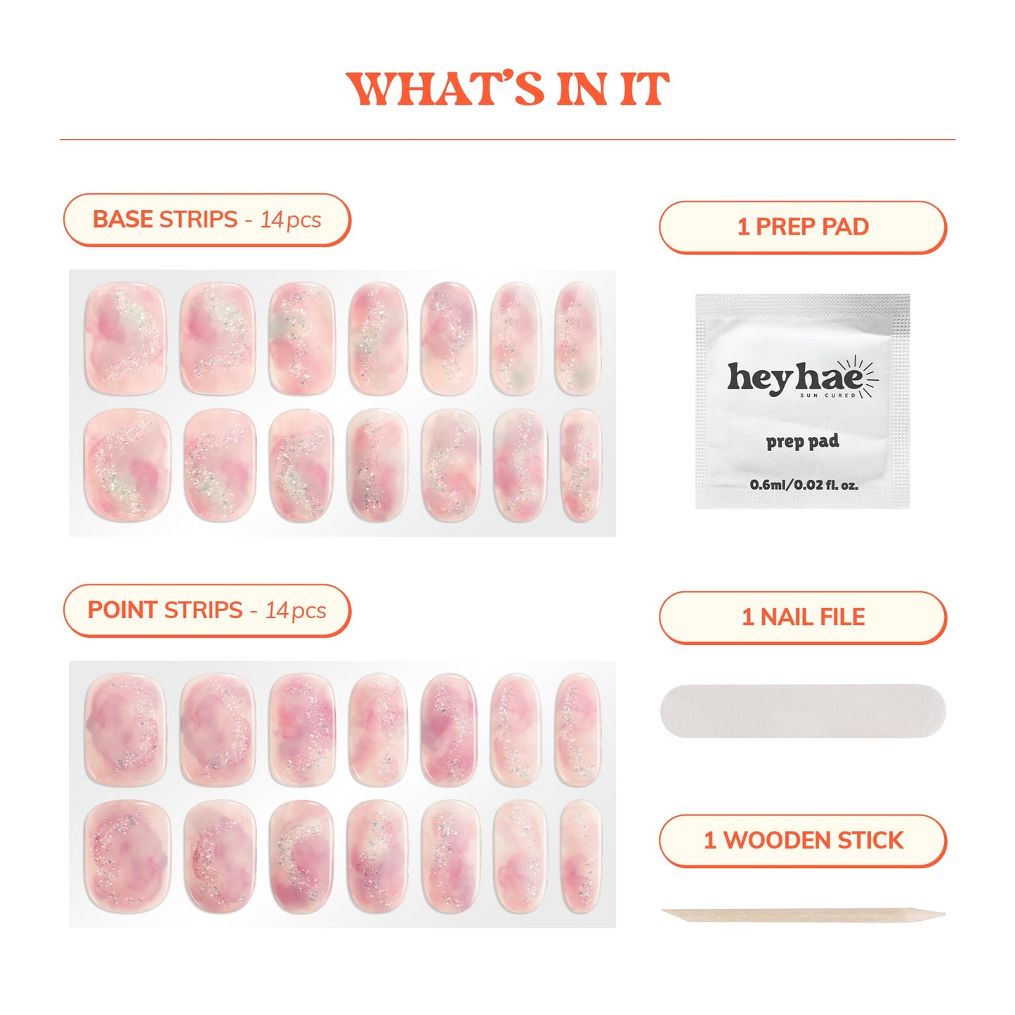 Heyhae Semi Cured Gel Nail Strips | No LED Lamp Needed | Glitter, Pink, Spring | Easy Apply & Remove, Salon Quality | Includes 28 Strips, 1 Prep Pads, Nail File & Wooden Stick - Hey, I Pink It’s Love