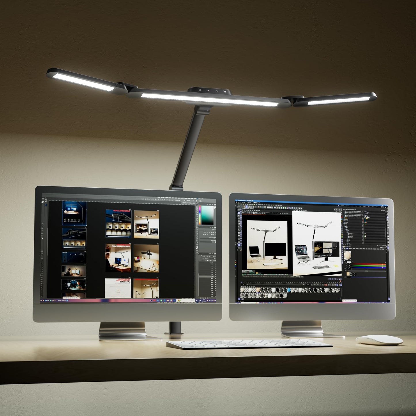 Honeywell Wide Desk Lamp with Clamp for Dual Monitors, 22W Full-Spectrum Eye-Caring LED Desk Lamp for Home Office, 3-Section Adjustable Architect Light for Large Desk, Stepless Dimming, 3000K-5700K