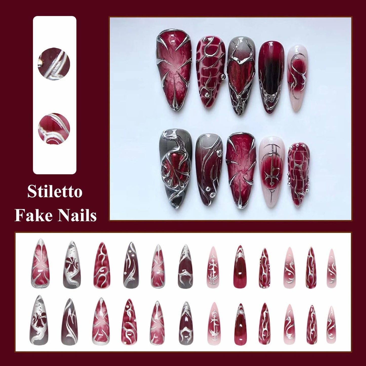 MISUD Press on Nails - Long Stiletto Fake Nails with Goth Red Gray, Acrylic Silver Chrome Design 24 pcs