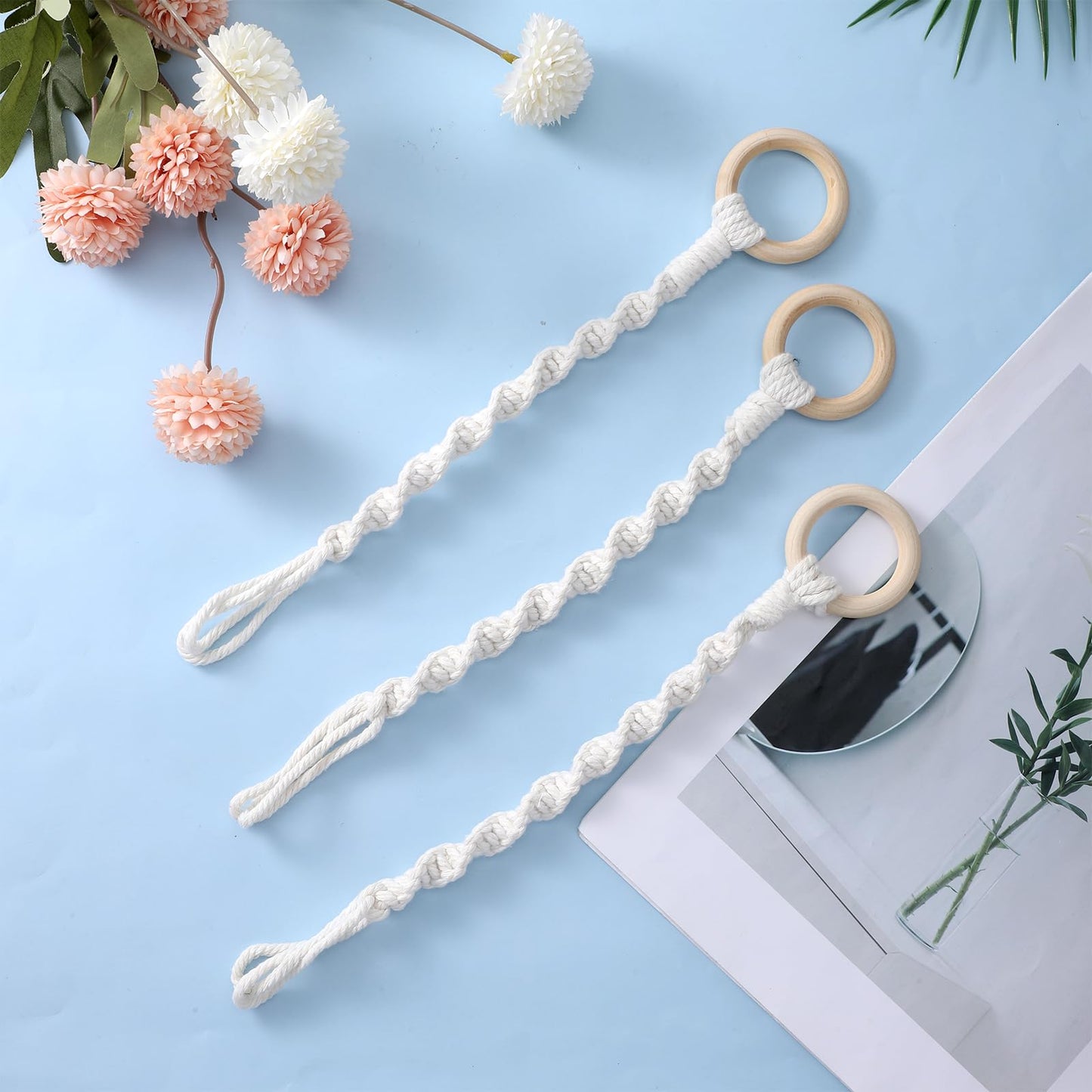 Qulkws 3 Pcs Adjustable Macrame Plant Hanger Extenders with Wooden Ring Handmade Woven Hanging Basket Extension Connectable Rope Hanging Plant Extender for Outdoor Indoor Plants Pot Holder Home Decor