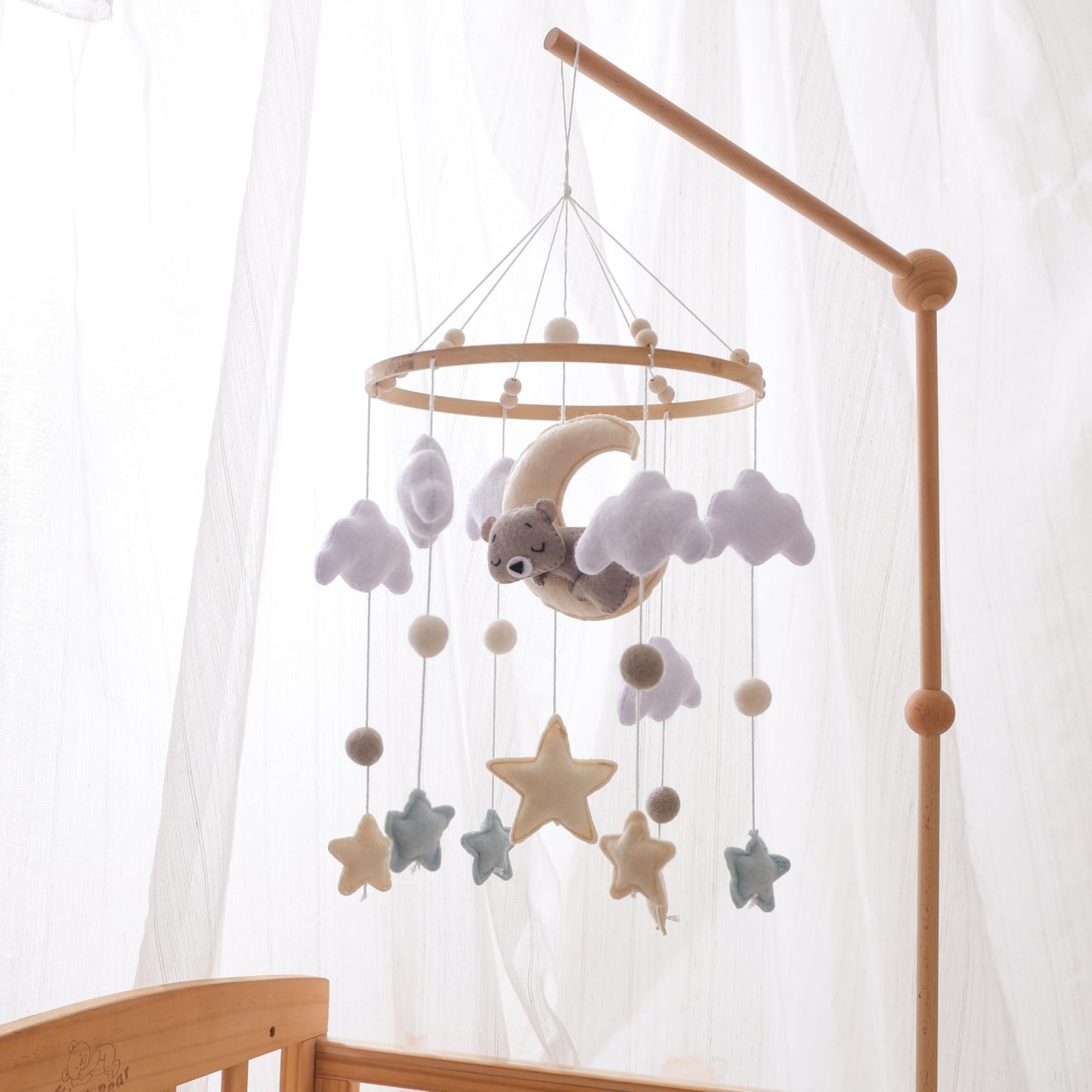 Baby Crib Mobile – Handmade Moon Bear Nursery Mobile, Mobile for Crib Neutral Felt Clouds Stars Hanging Toy, Beech Wood Ring Bassinet Mobile Baby Mobile Decor Gift