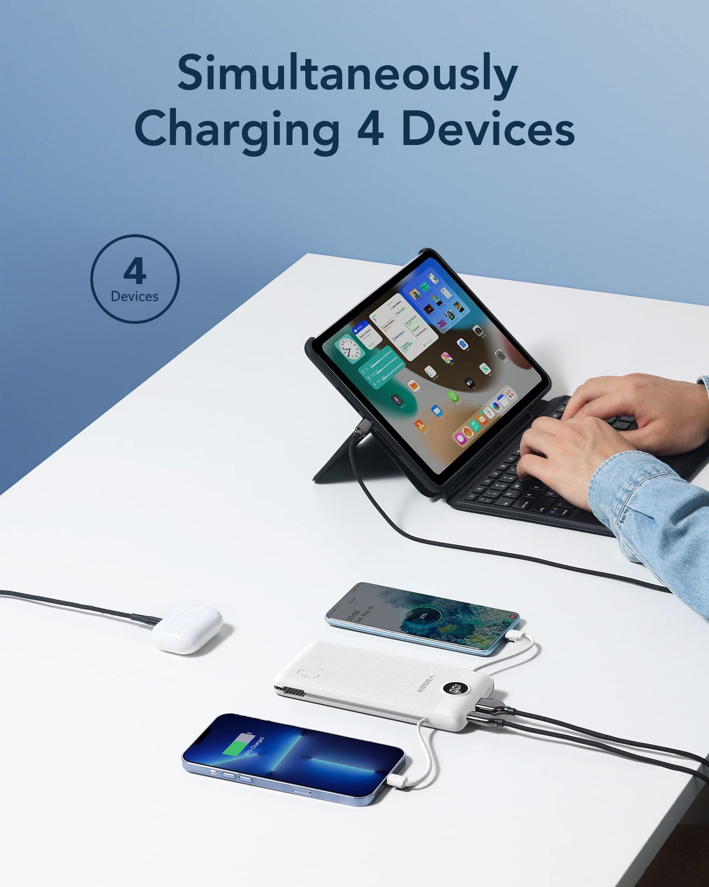 VEGER Portable Charger with Built-in AC Plug and Cables, All in One 10000mAh Ultra Slim Power Bank Travel Essentials, Fast Charging Battery Pack Compatible with iPhone, Samsung, Android (White)