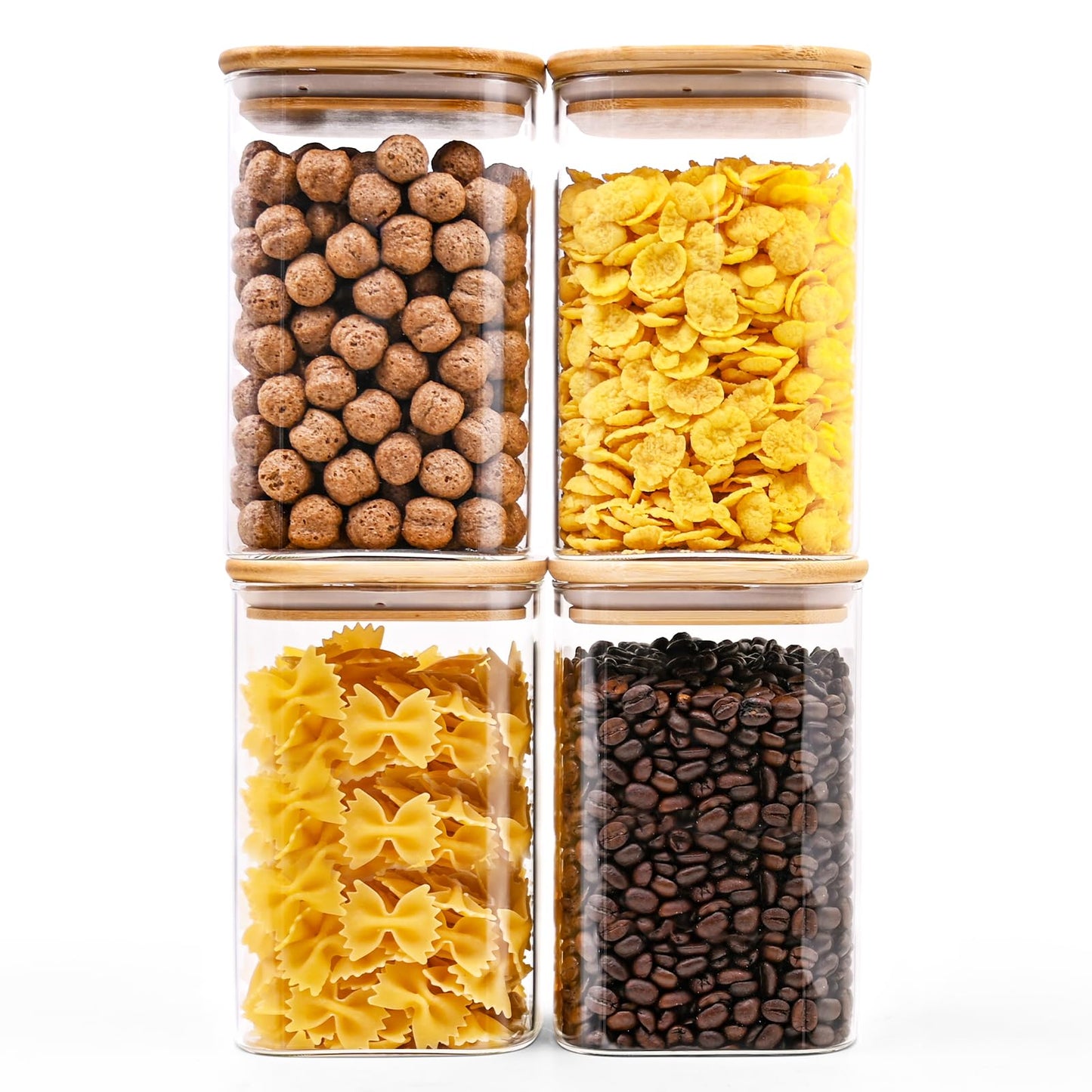 SHOWIN Glass Food Storage Jars Square 37oz, 4 Pack Glass Jars With Bamboo Lids, Kitchen Storage Containers For Spice, Candy, Cookie, Storage For Pantry Organizers