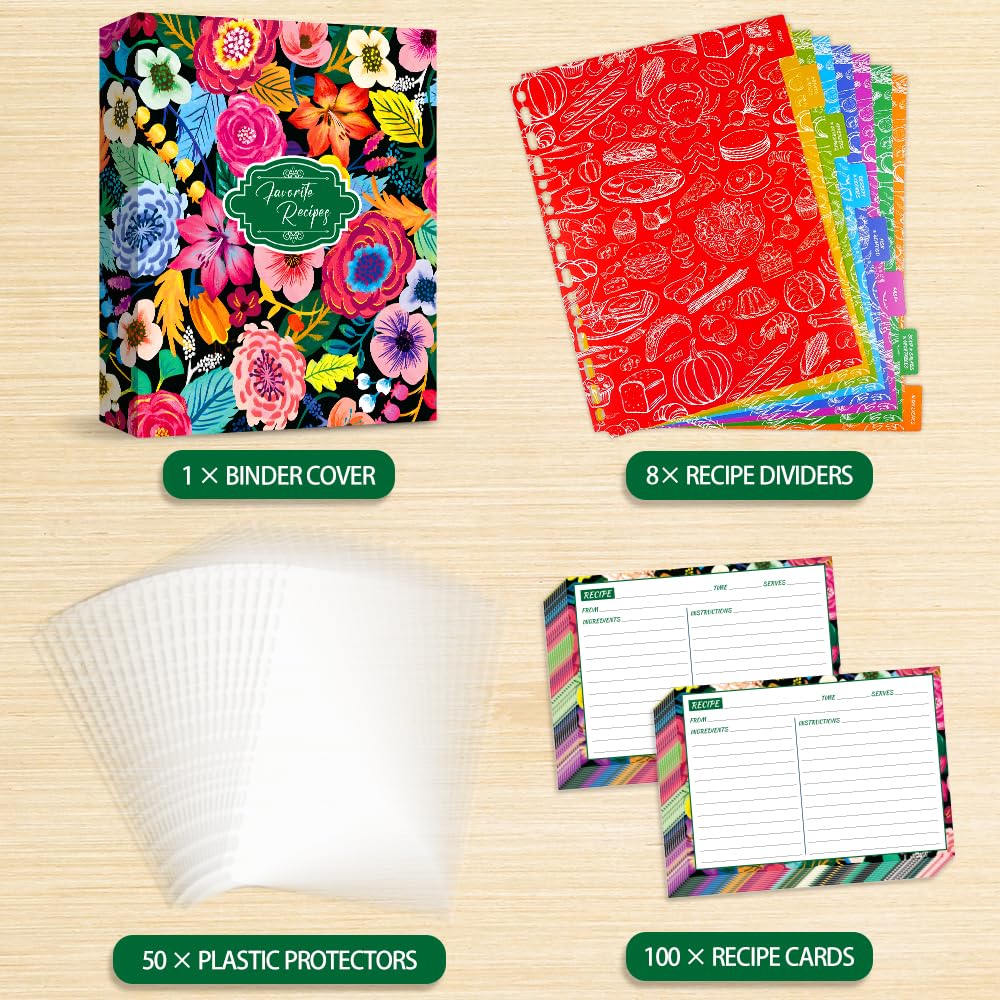3 Ring Recipe Binder, 8.5x11 inch 3 Ring Recipe Binder Kit with 50 Plastic Sleeves Protectors, 100 Packs 5x7 inch Recipe Cards & 8 Category Divider Tabs, Organizer Set Blooming Flowers Design