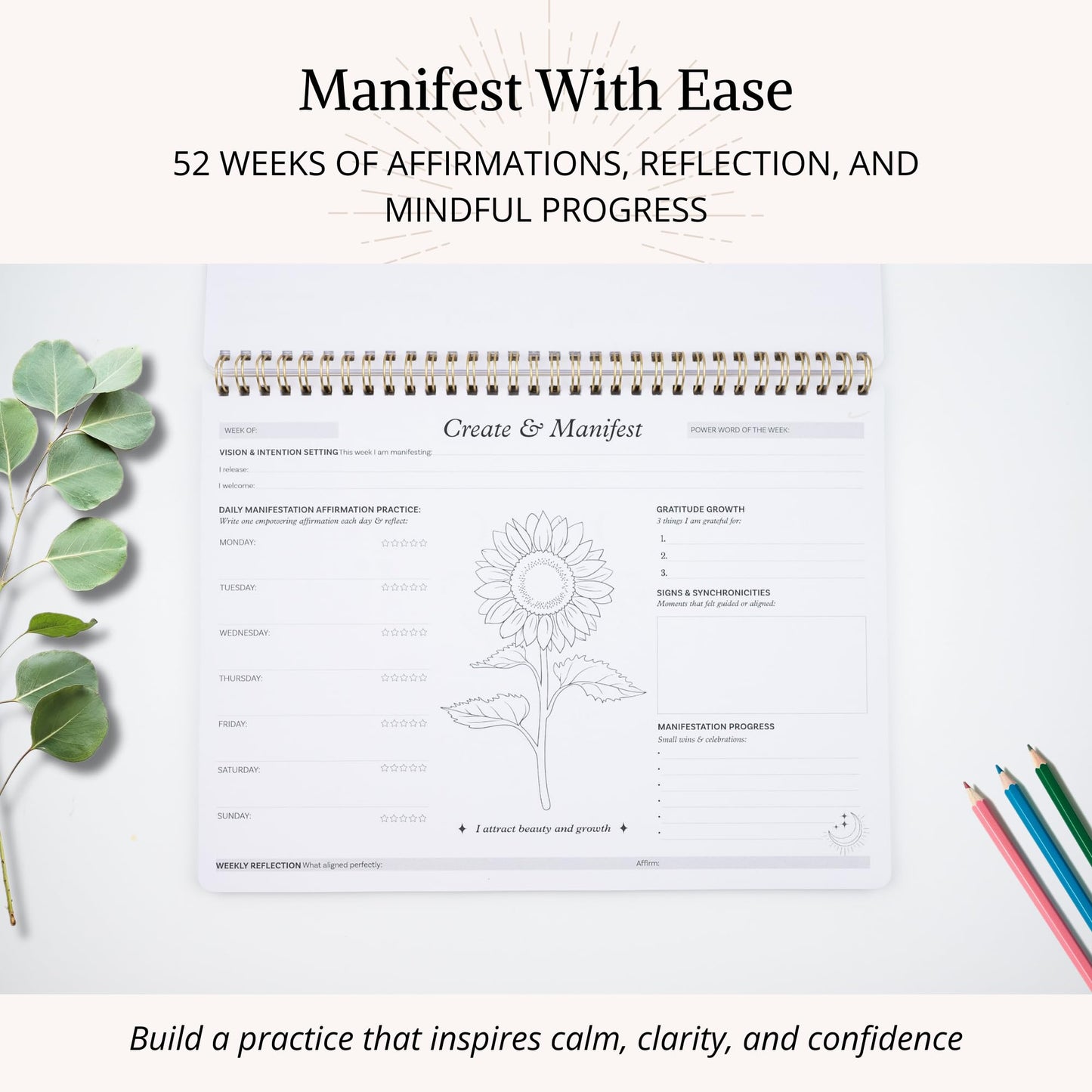 Innerlight Compass Manifestation Planner for Daily Affirmations | Law of Attraction, Gratitude and Mindful Coloring | Intention Setting Tracker for Women | 52 Sheets for 1 Year | A4