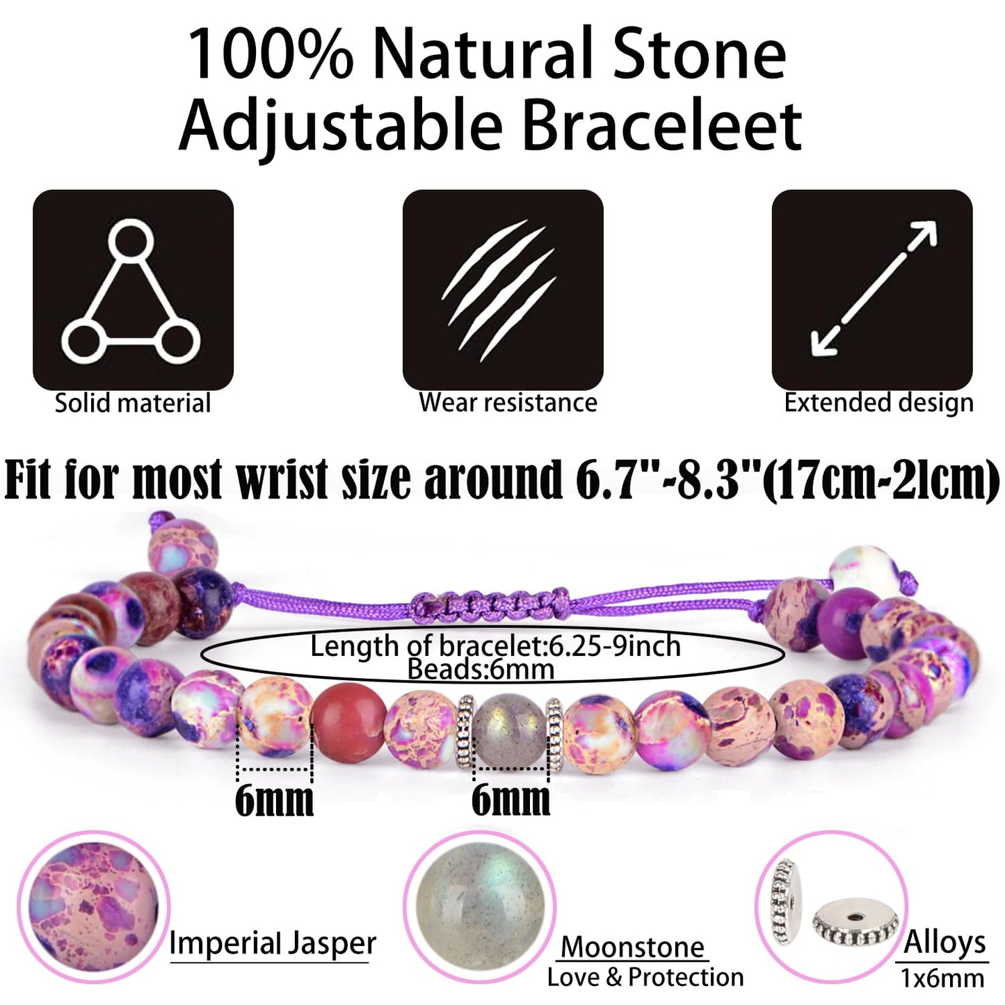 QOGIR Grandaughter Gifs Bracelet,Purple imperial Jasper Adjustable String Bracelet,Birthday Christmas Gifts
