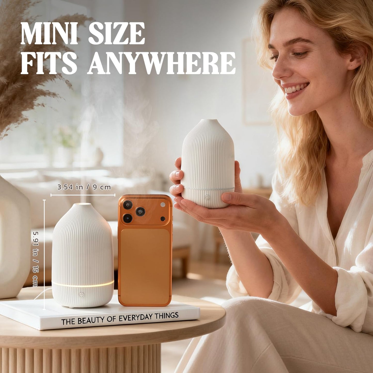 Essential Oil Diffuser, 100ml Aromatherapy Diffuser, Mini Ultrasonic Diffuser for Essential Oil, Home, Office, Cool Mist Humidifier with 7 Led Light, Auto Shut-Off, White