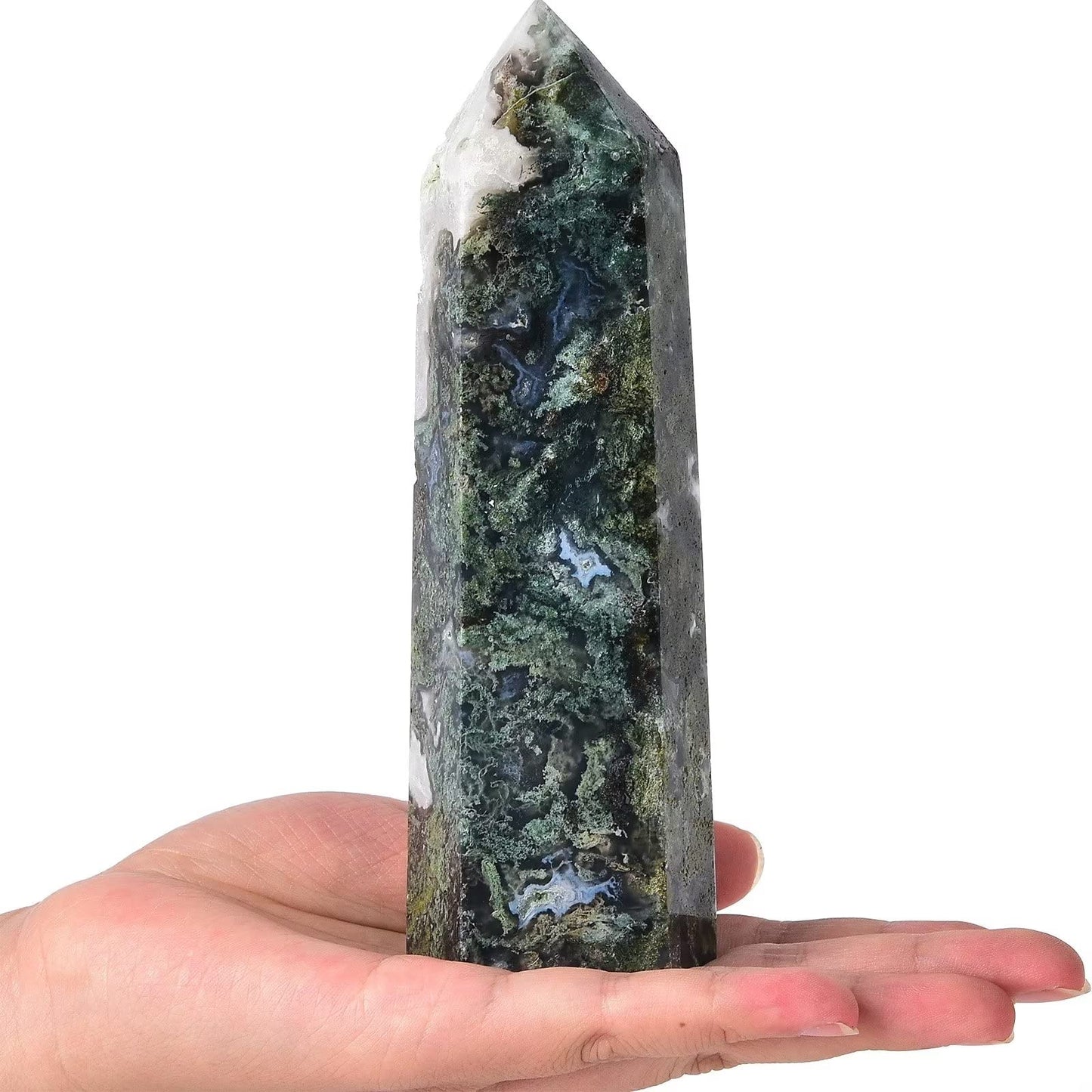 AMOYSTONE Large Healing Crystal Obelisk Towers Moss Agate Point Wand Home Decor Reiki Healing 1.1-1.7 LBS