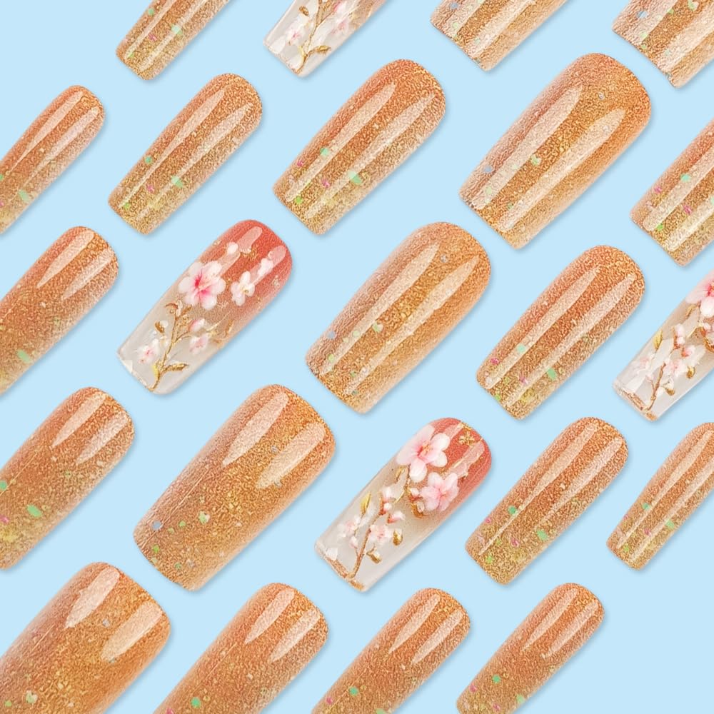 Medium Press on Nails Square Fake Nails Floral False Nails Sparkly Artificial Nails with Flowers Designs Stick on Nails for Women 24pcs