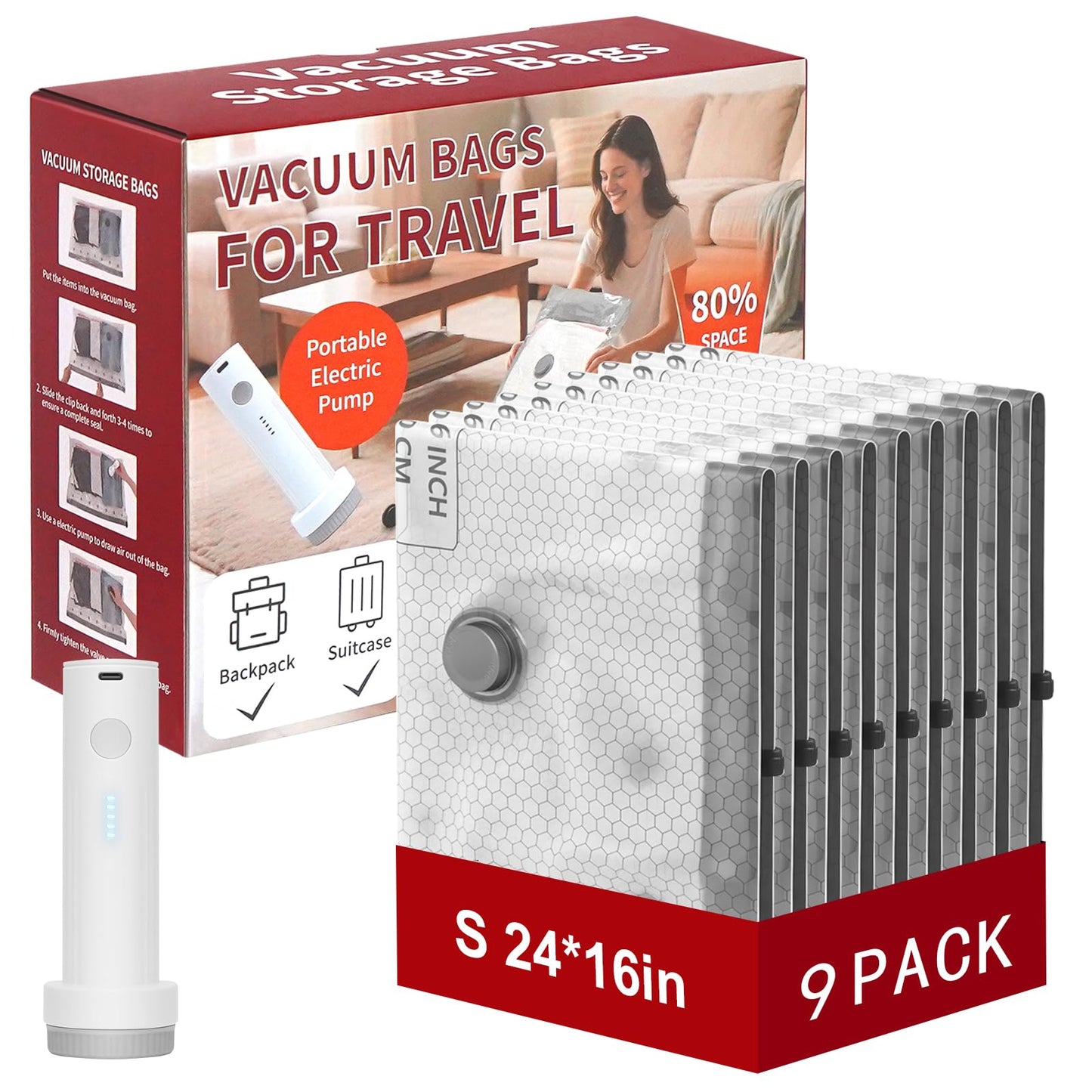 Rechargeable Wireless Pump Travel Storage Bags Set, 9 Pack (9S) Portable Space Saver Bags for Travel & Home, Vacuum Compression Packing Seal for Clothes, Blankets, Home Seasonal Storage