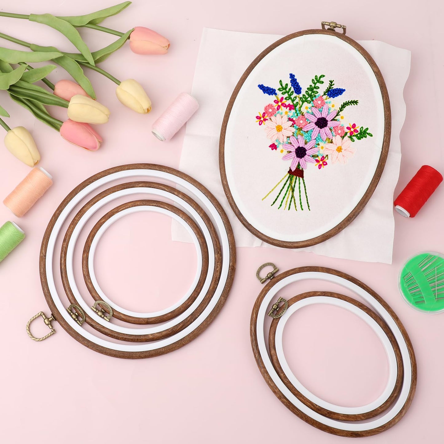 OwnMy 6PCS Embroidery Hoops with Hanging Rings - Decorative Imitated Wood Embroidery Hoop Frames for Display, 3 Oval and 3 Circle Cross Stitch Hoops for DIY Sewing Crafts