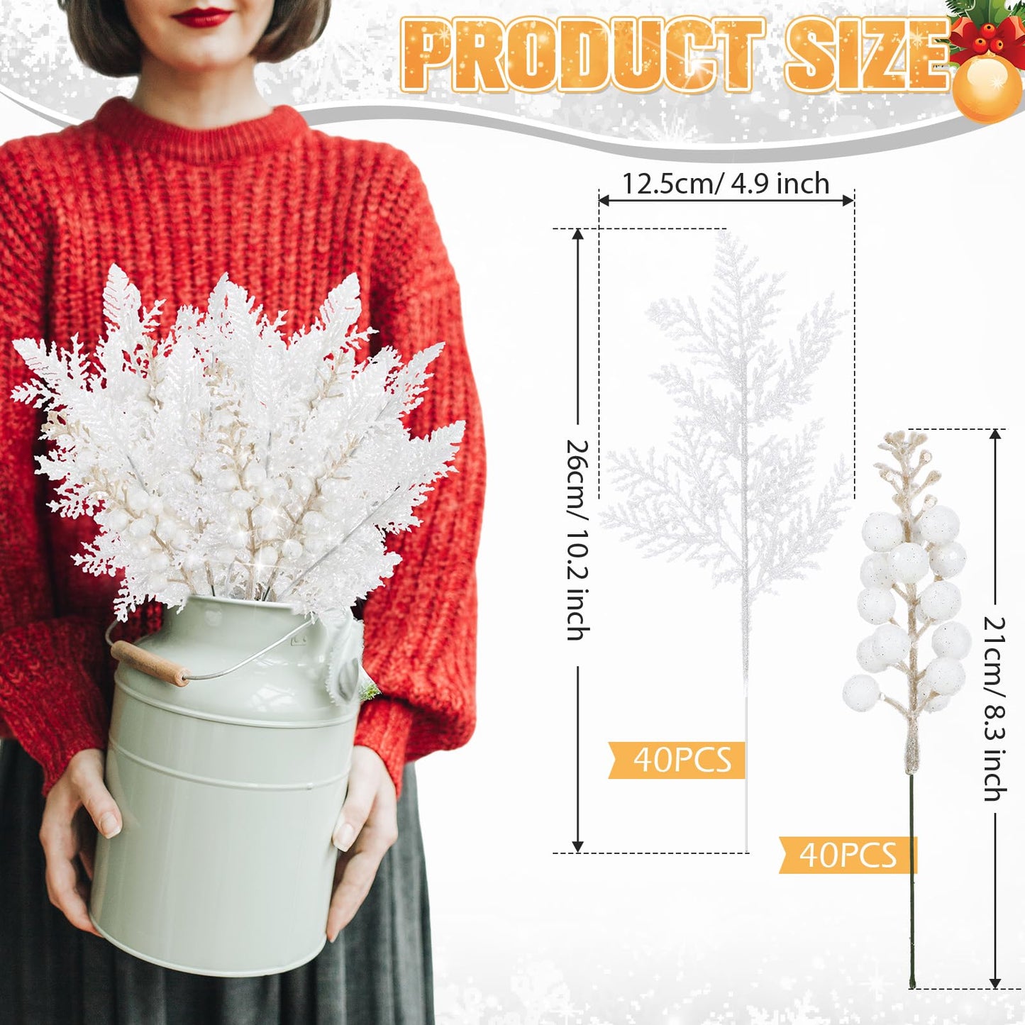 Cindeer 80 Pcs White Christmas Glitter Berries Stems Pine Needles Christmas Artificial Picks Fake Floral Twig Spray for Xmas Tree Ornaments DIY Wreath Garland Decorations