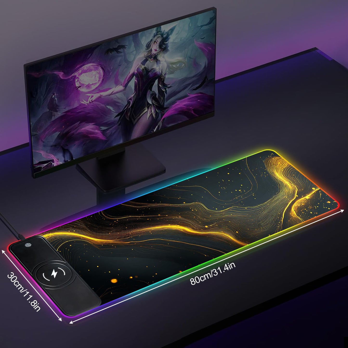 Wireless Charging RGB Gaming Mouse Pad, 31.5 x 11.8 Inch Extended Mouse Mat with Black & Gold Abstract Wave Design, LED Desk Pad with 7 Lighting Modes, Non-Slip Base for Gaming & Office
