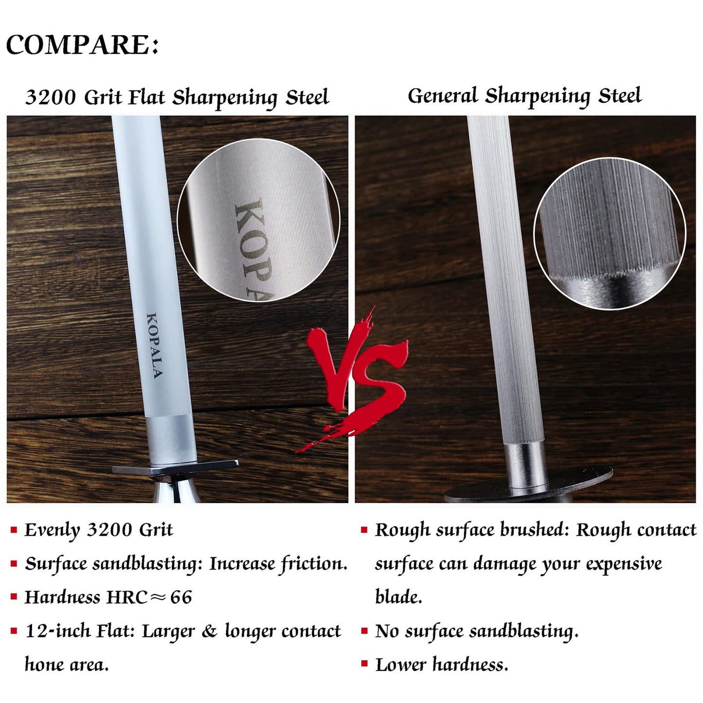 KOPALA Sharpening Steel Knife Sharpener Rod Flat 12 Inches Honing Steel for Knives Red