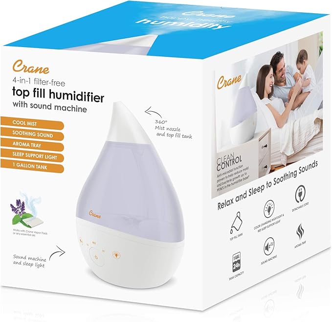 Crane 4-in-1 White Drop Ultrasonic Cool Mist Humidifier with Sound Machine, Night Light, Aroma Tray, 1 Gallon Top Fill White