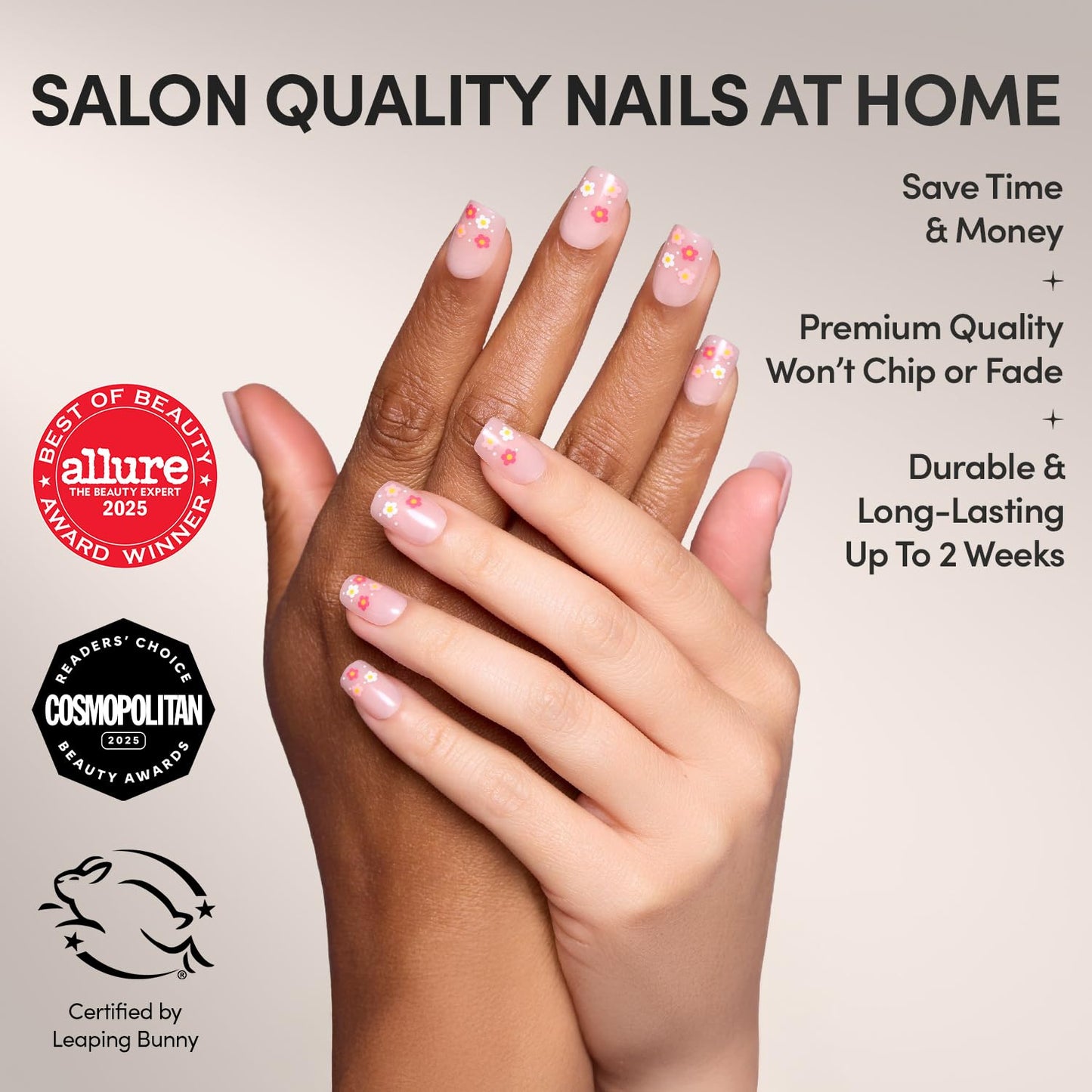 Glamnetic Press On Nails - Pretty Bloom Spring Nails | Glossy, Semi-Transparent Short Squoval Fake Nails with Flower Accents, Salon Quality | 15 Sizes - 30 Nail Kit with Glue