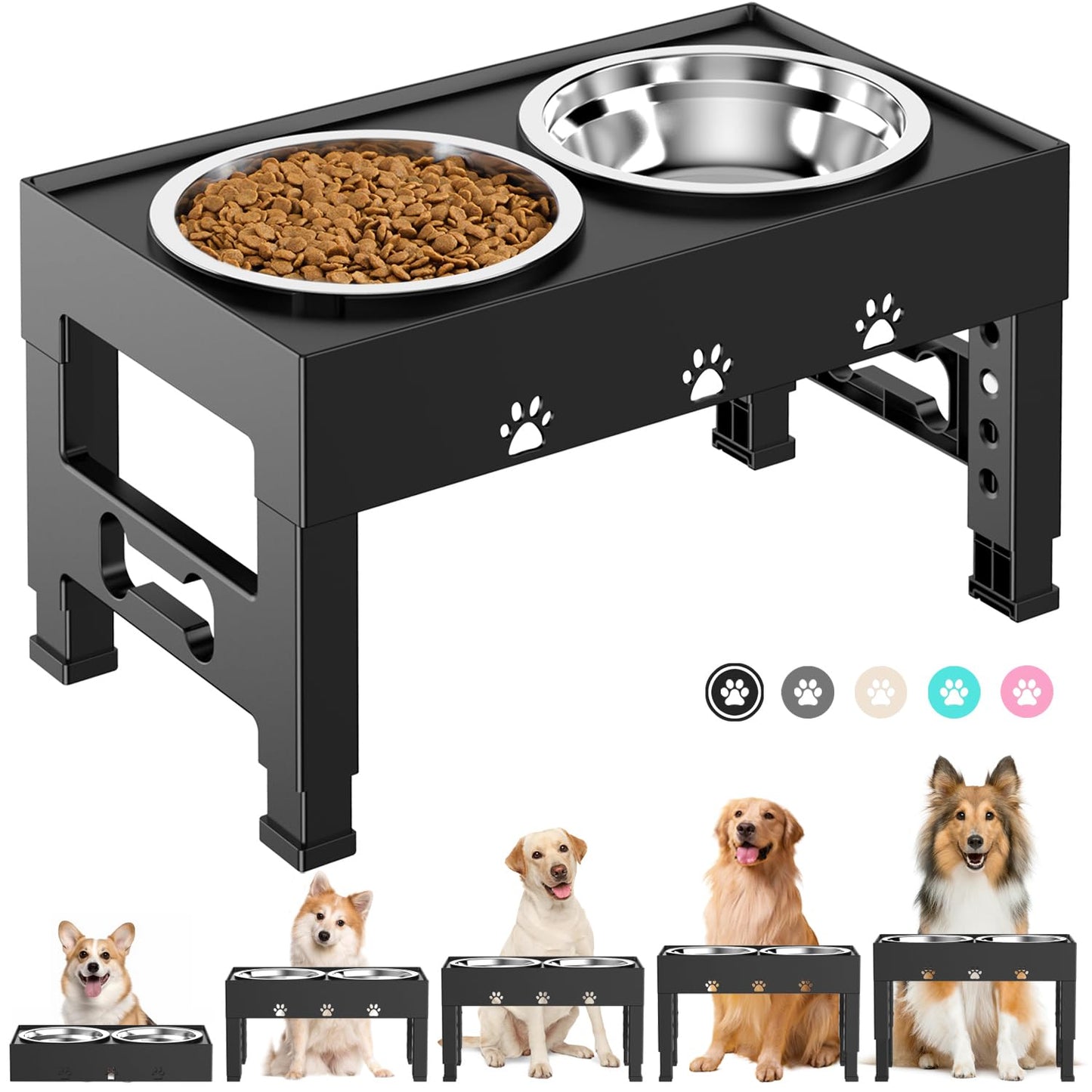Elevated Dog Bowls with 2 Stainless Steel Bowls, 5-Height Adjustable Stand (3.1", 9" to 12"), for Improved Digestion & Neck Support, Easy Clean, Non-Slip Base Raised Feeder for Medium Large Dogs
