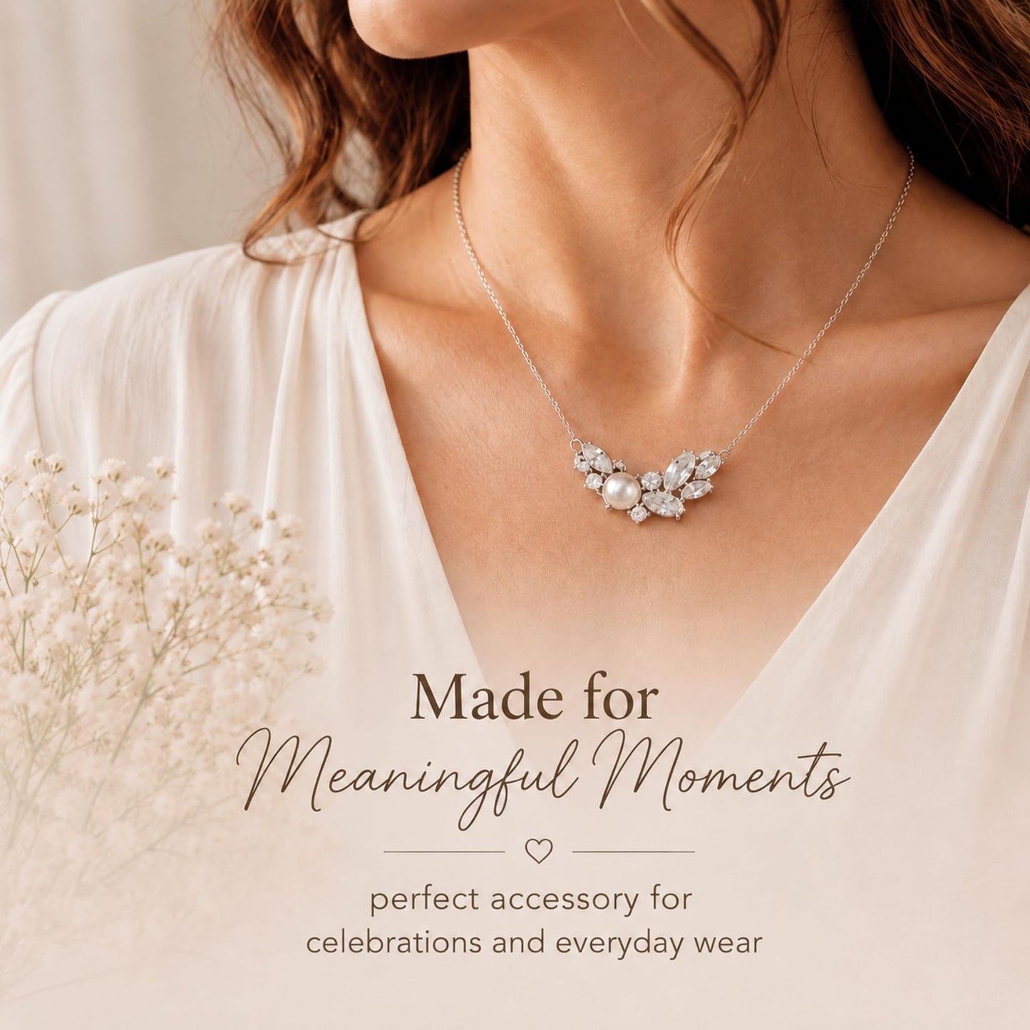 Bridal Pearl Diamond Necklace for Wedding Silver White Freshwater Pearl Crystal Cluster Leaf Vintage Necklace set for Bride Bridesmaids Bridal Party