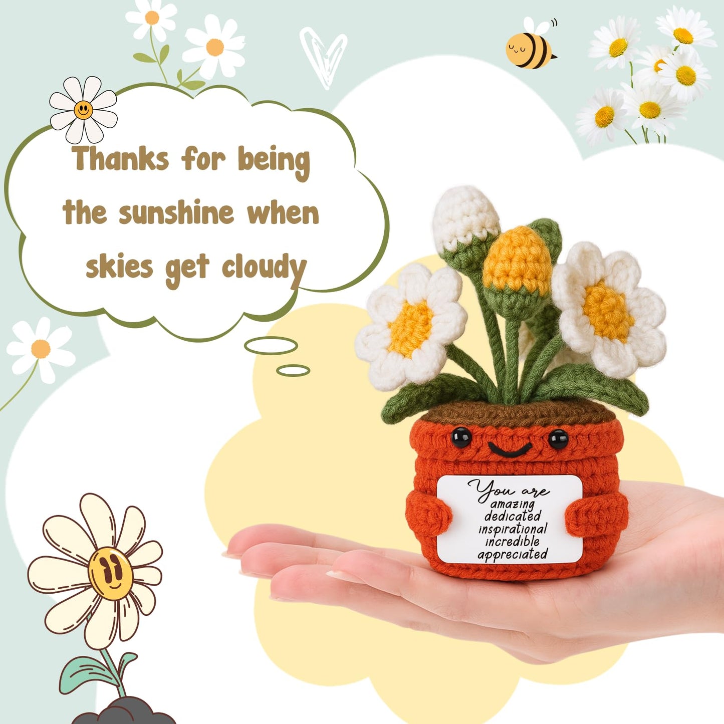 Hweijm Crochet Daisy Gift, Handmade Mini Flower Desk Buddy for Teacher Appreciation, Coworker or Boss Birthday, Inspirational Thank You Present, Positive Office Desk Decor